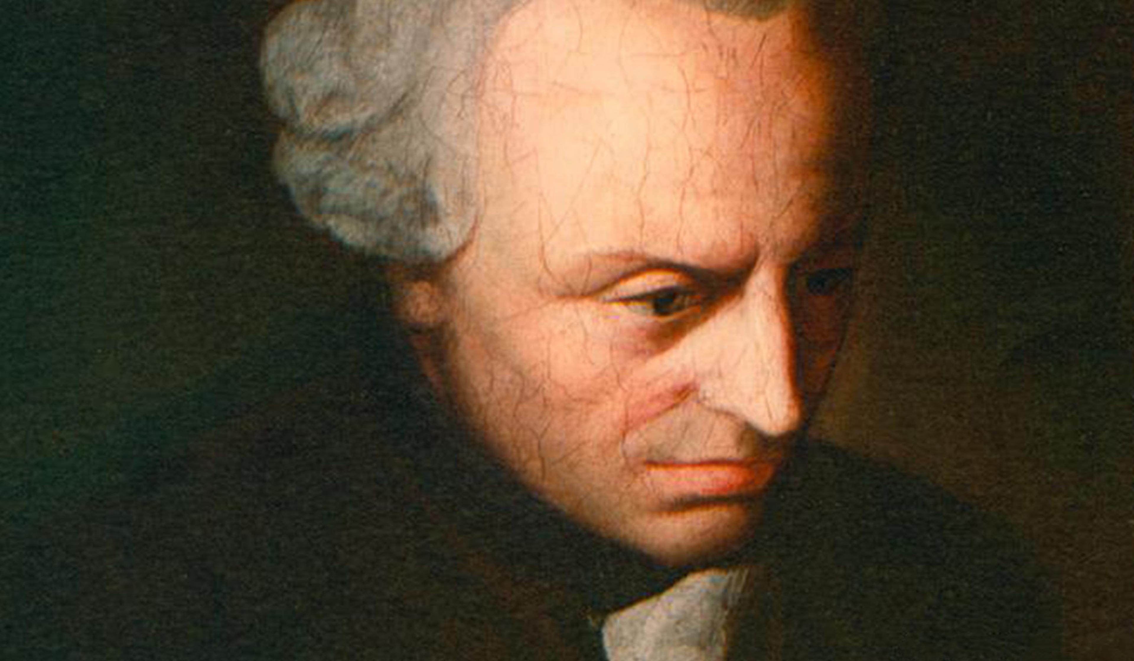 Painting of a man with a receding hairline and powdered hair who is Immanuel Kant looking down thoughtfully against a dark background.