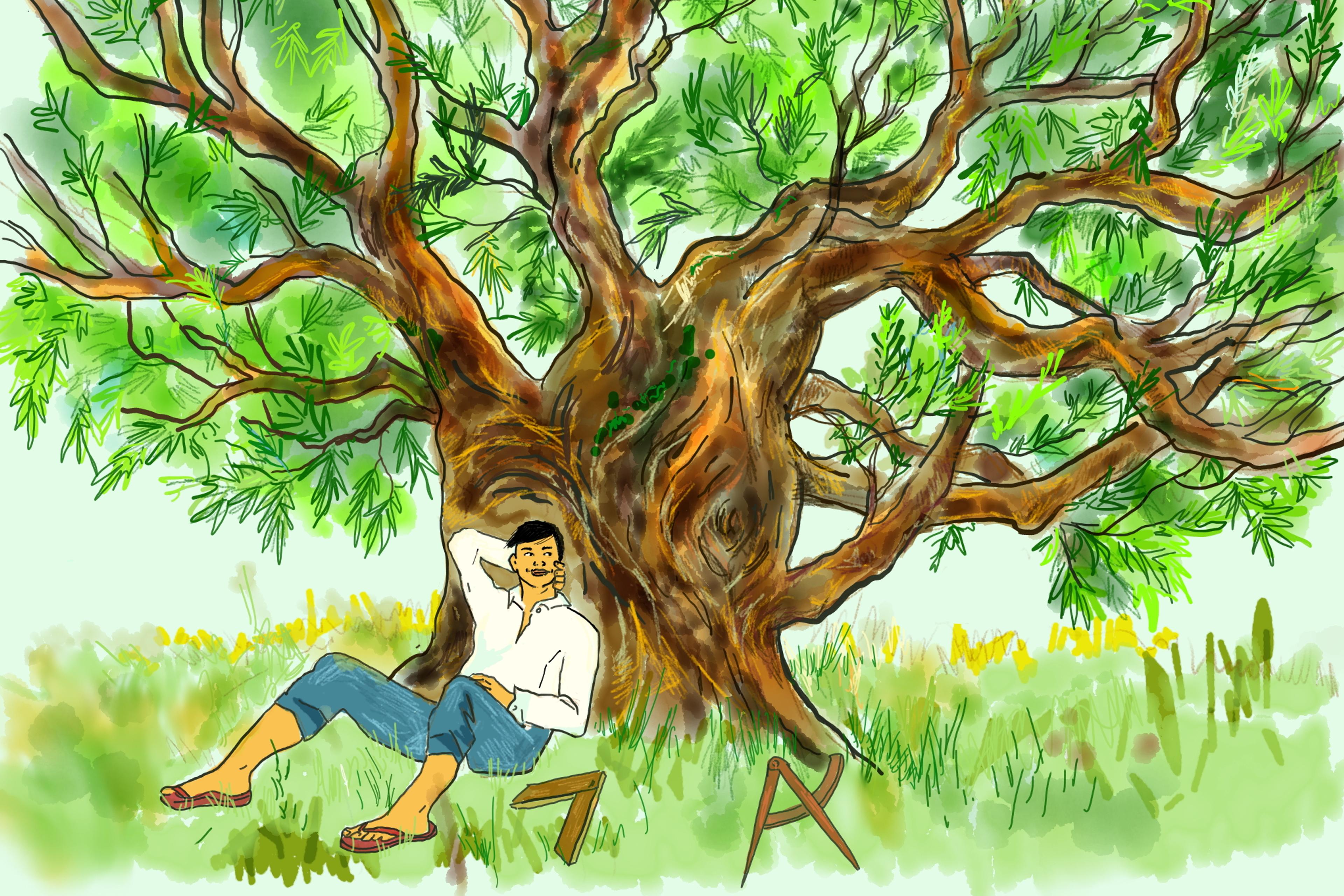 Painting of a man relaxing against a large leafy tree in a grassy field.