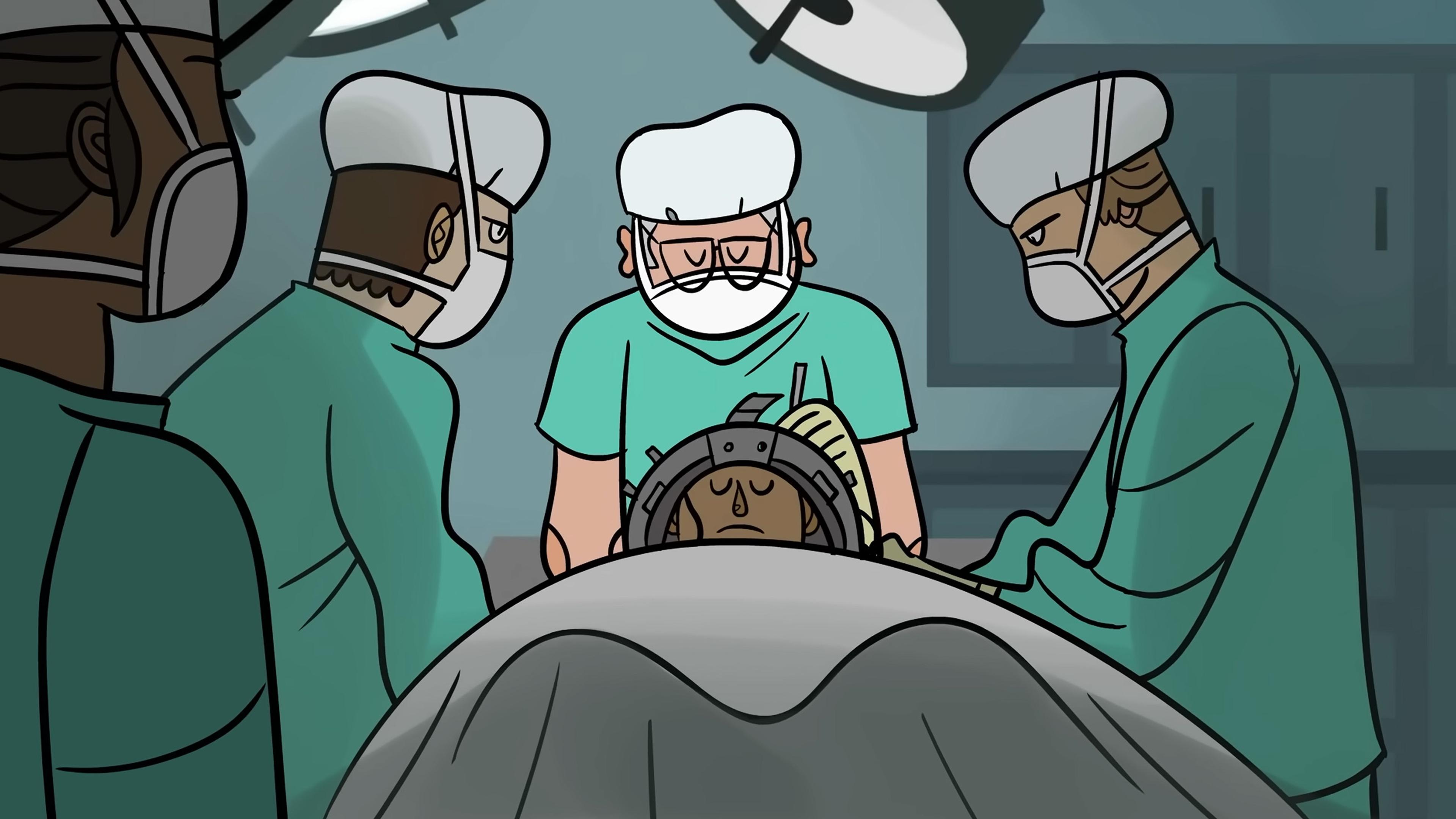 Cartoon of three surgeons wearing scrubs and masks performing surgery on a patient, with surgical lights overhead.