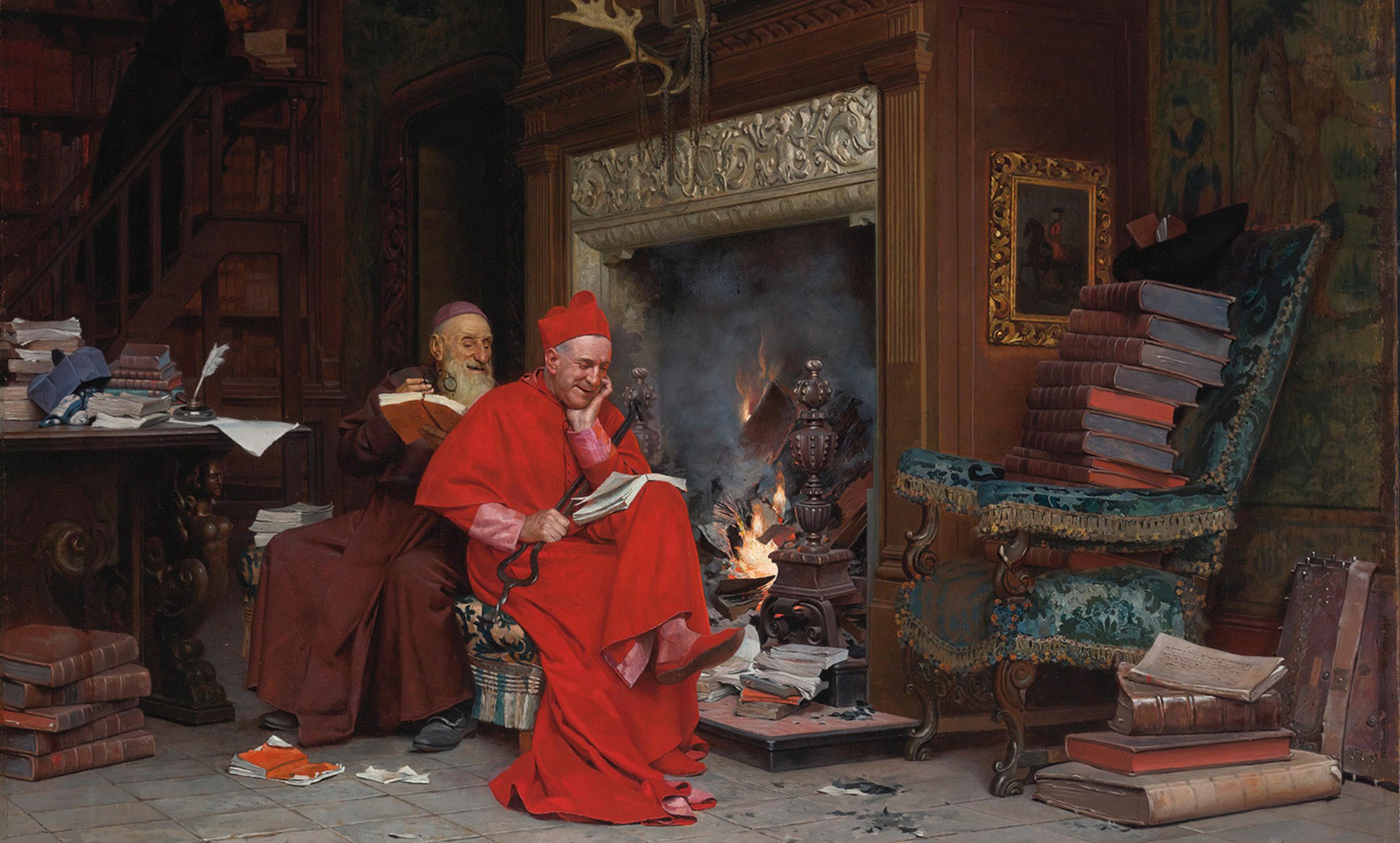 Painting of two cardinals in red robes reading by a fireplace in a cluttered study, surrounded by books and papers.