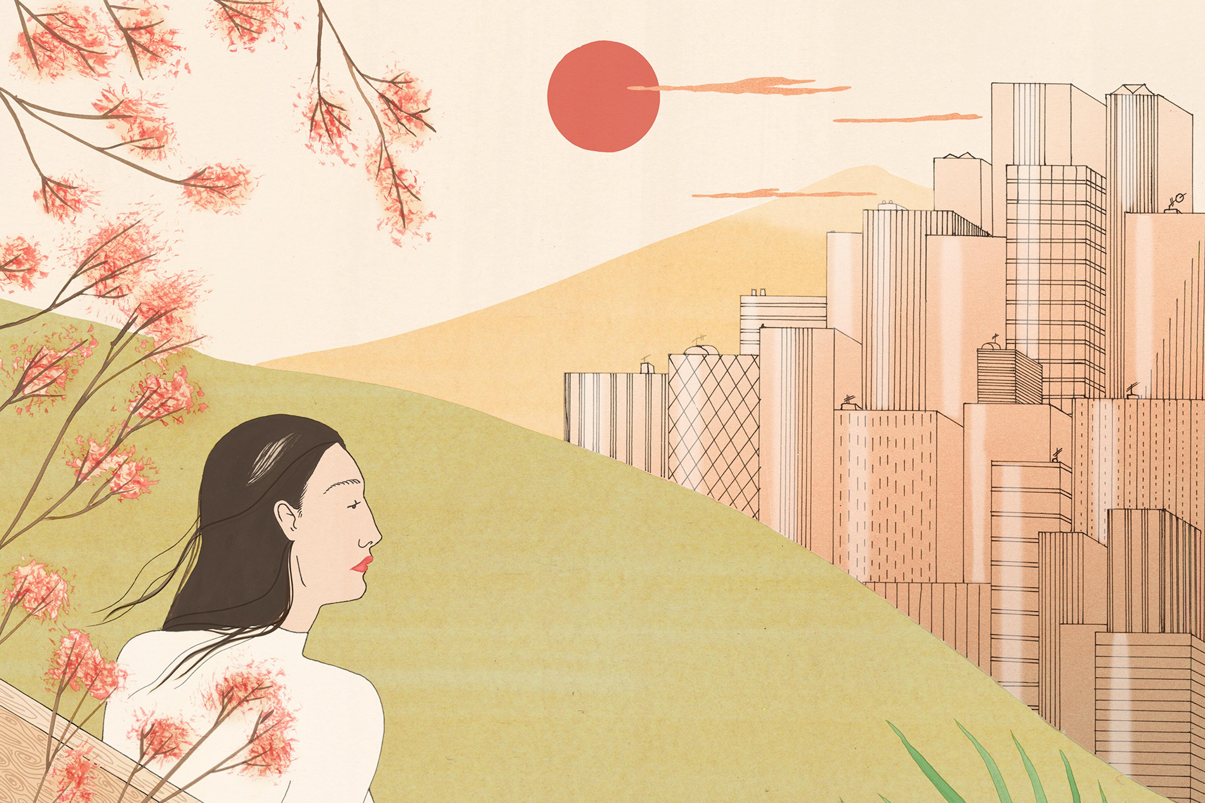 Illustration of a woman on a bench by a cityscape with a red sun and blooming branches, conveying serenity and nature.