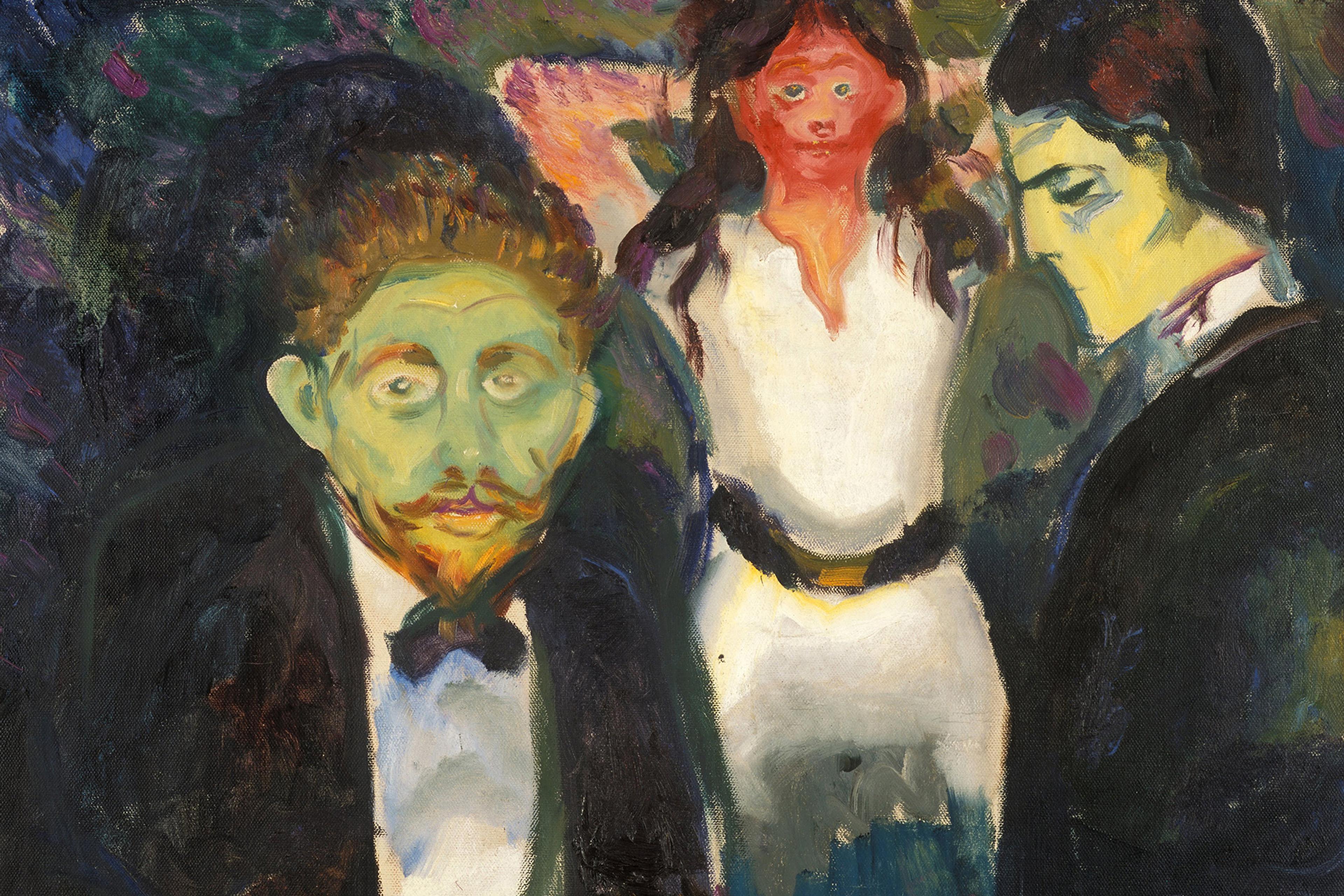 Expressionist painting of three abstract figures with exaggerated features, the closest of which has a green face, against a dark background.