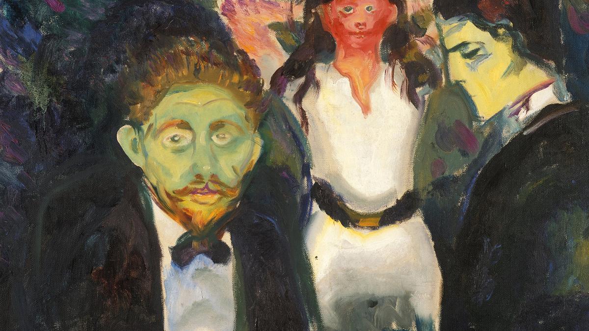 Expressionist painting of three abstract figures with exaggerated features, the closest of which has a green face, against a dark background.
