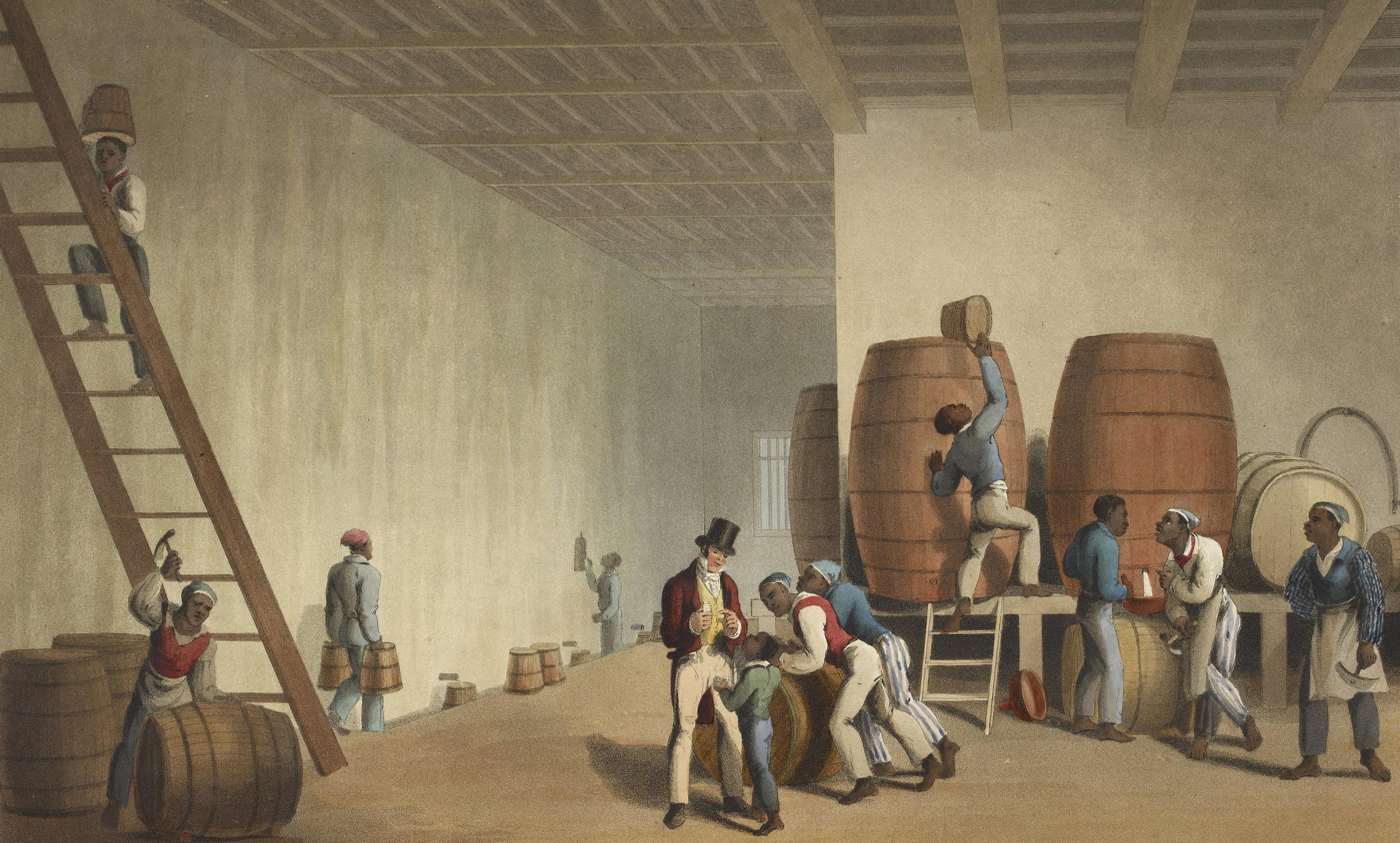<p>Slaves loading rum barrels from <em>Ten Views in the Island of Antigua (</em>1823) by William Clark. <em>Courtesy British Library/Wikipedia</em></p>