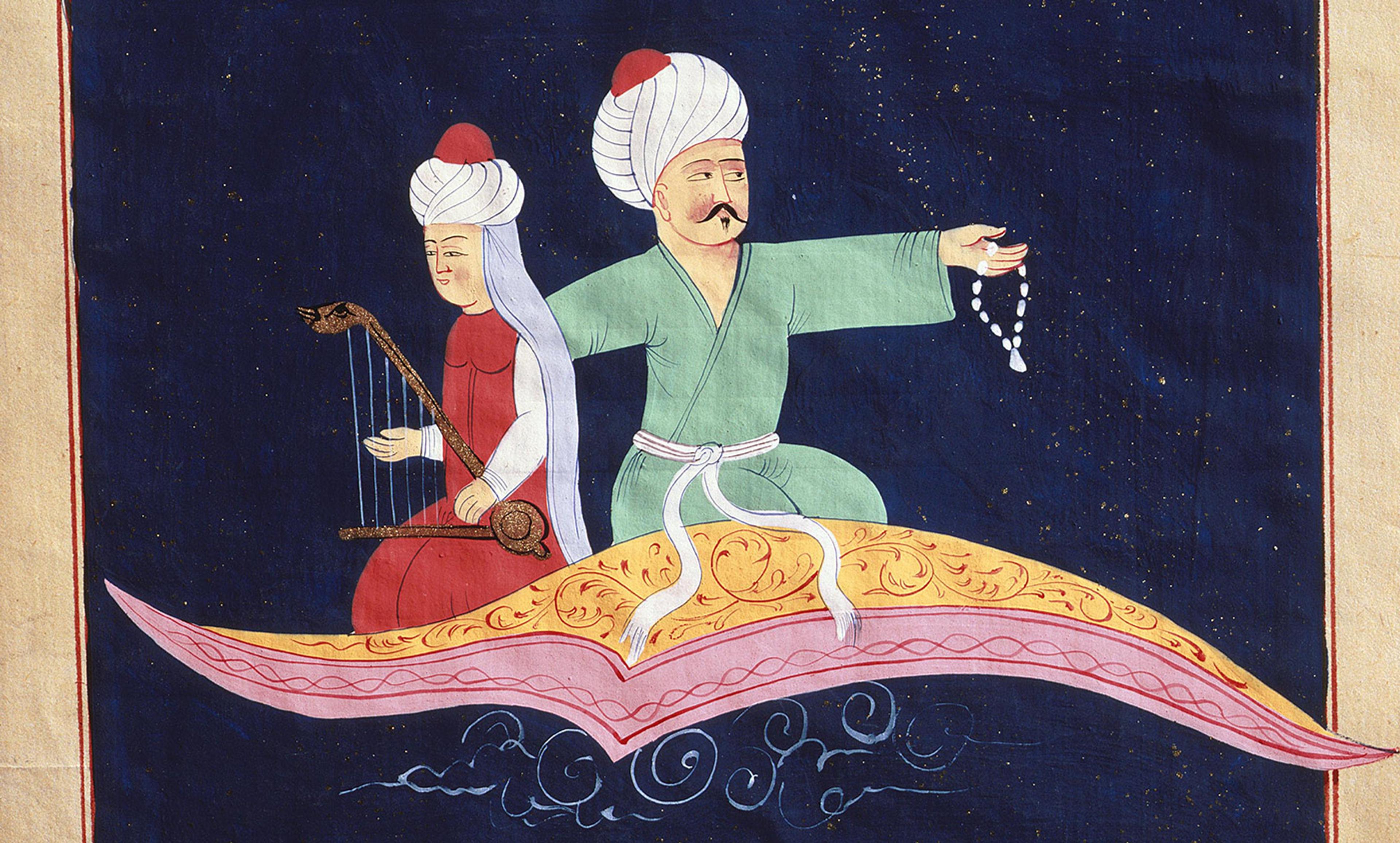 <p>Flying Over Istanbul and the Galata Tower on the Magic Carpet from the 1001 Nights, Turkish miniature, 19th C. <em>Photo by Rex</em></p>