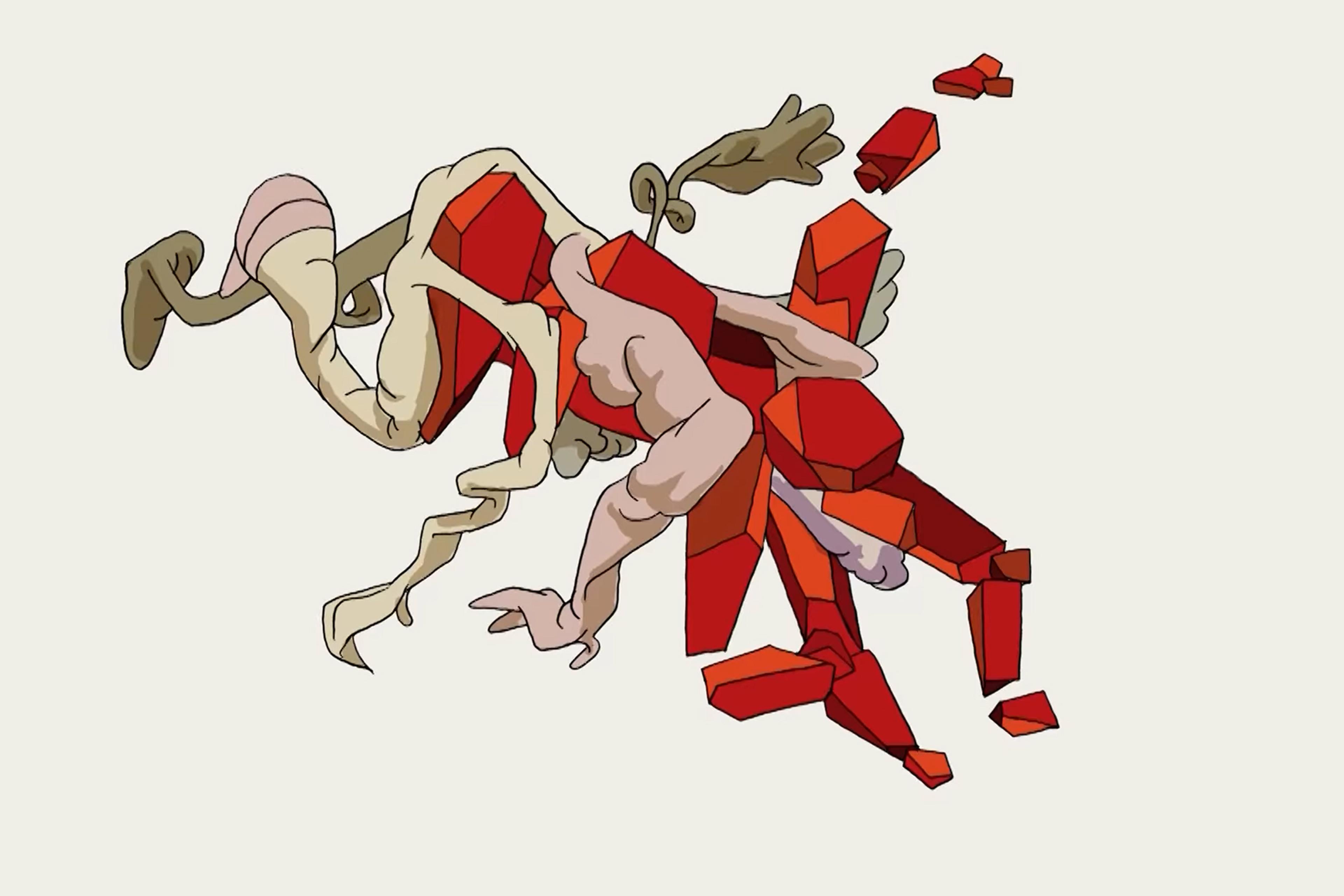 Abstract artwork of a disjointed figure composed of beige organic shapes and red geometric forms, creating a fragmented, surreal appearance.
