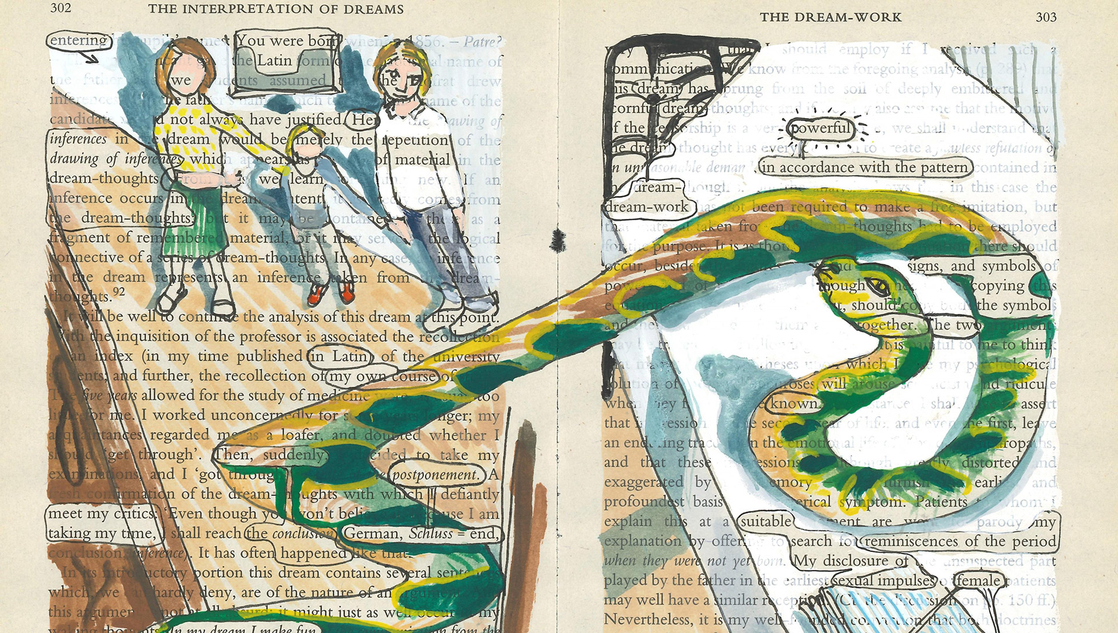 A family are drawn on the left hand page of an open copy of Freud’s book the Interpretation of dreams. On the right hand page is a drawing of ananaconda