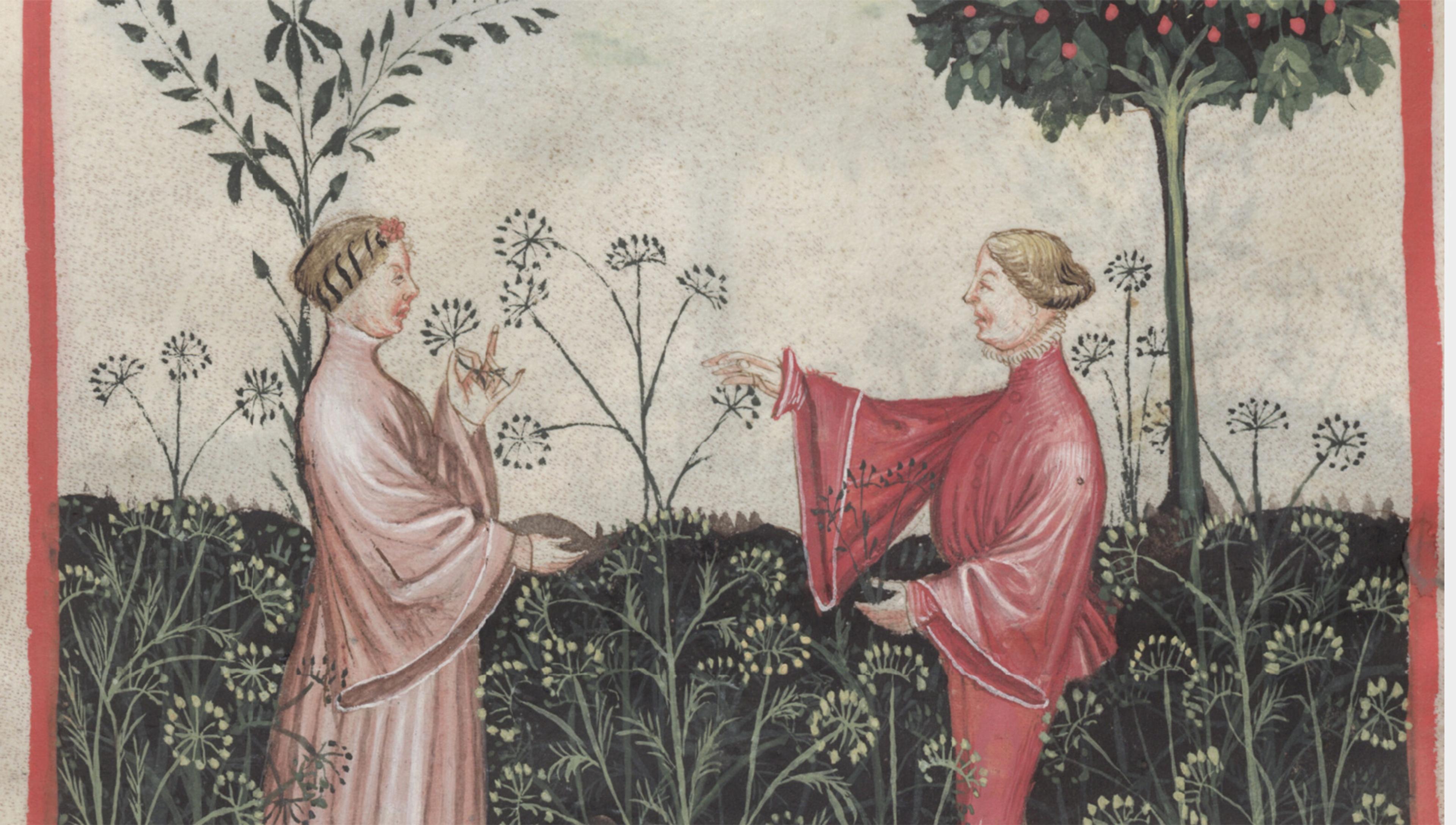 Medieval painting of two figures in a garden, one in a pink robe holding flowers, the other in a red robe beneath a tree.