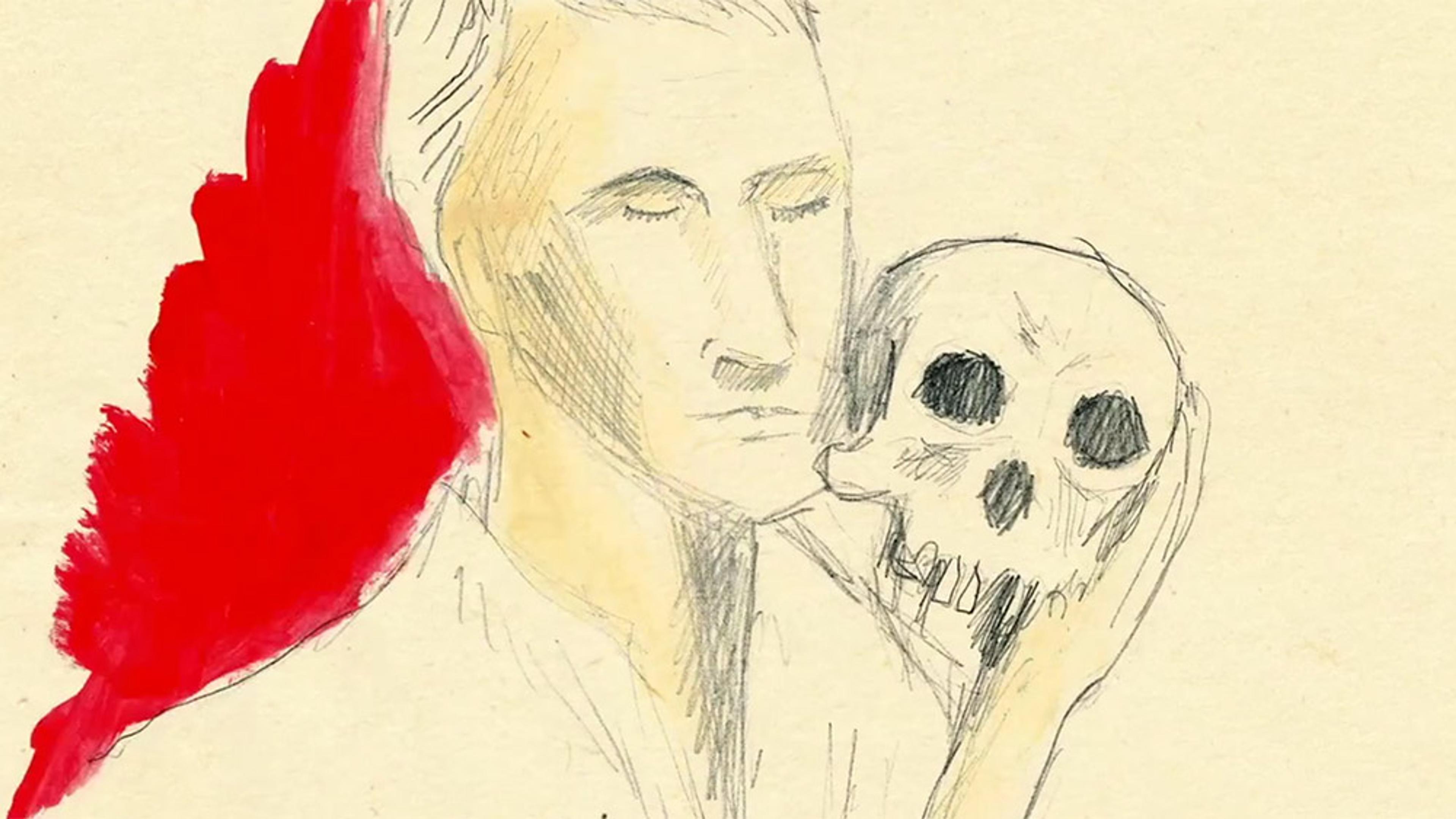 Sketch of a person holding a skull with red paint on the left side. The drawing has a minimalist style with simple lines.