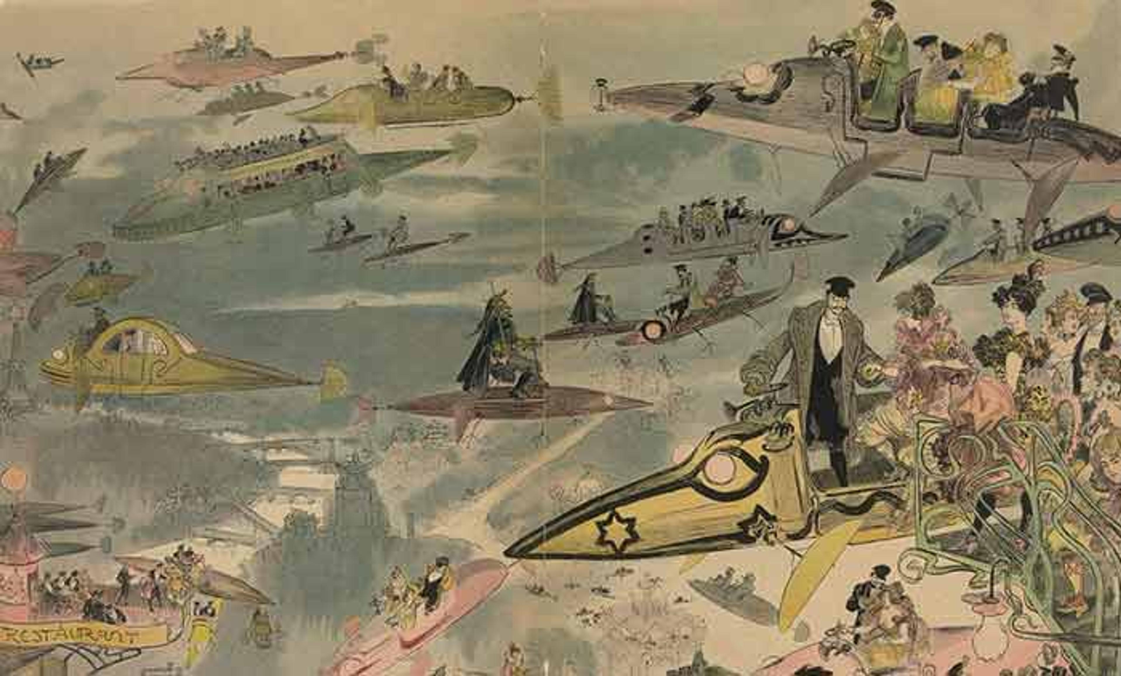 <p><em>Le Sortie de l’opéra</em>. Air travel over Paris in 2000, as imagined in the late 1800s. <em>Courtesy the Library of Congress</em></p>