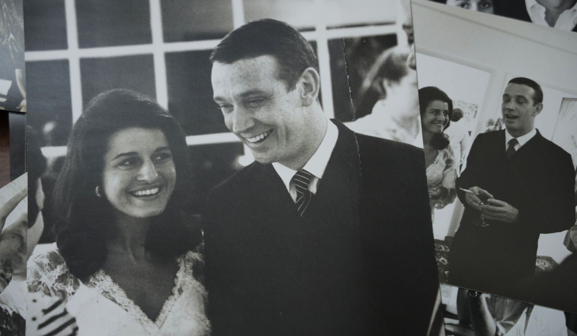 Black-and-white photos of a smiling couple in formal attire, appearing to be at a celebratory event or gathering.