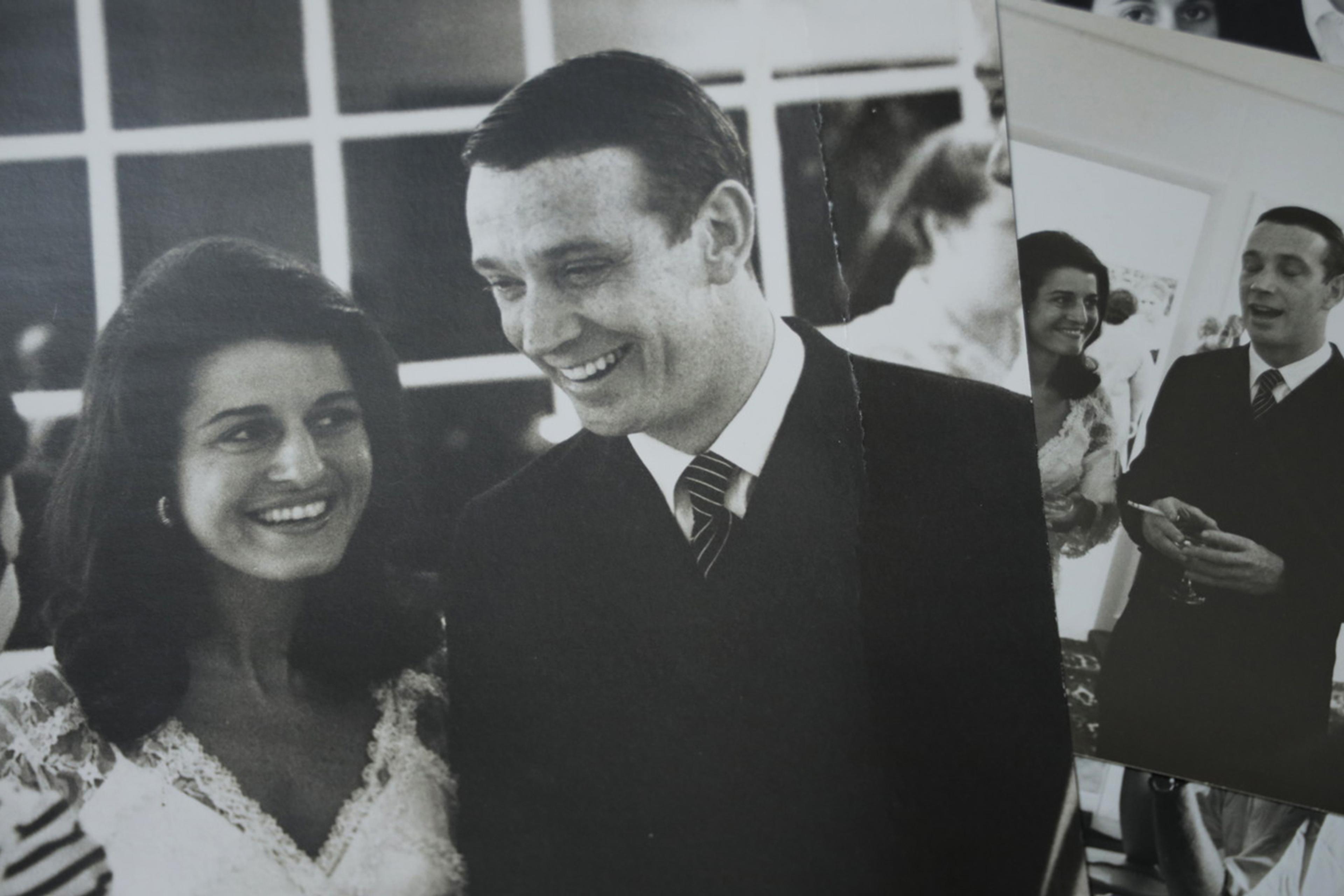 Black-and-white photos of a smiling couple in formal attire, appearing to be at a celebratory event or gathering.
