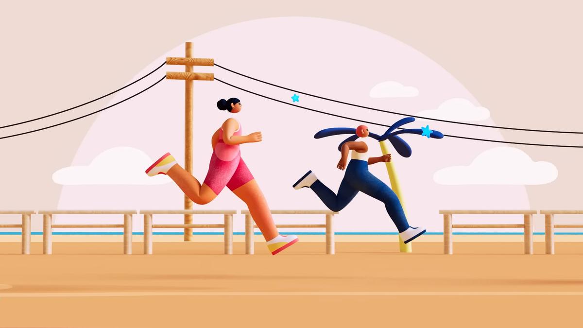 Illustration of two stylised people running on a boardwalk near the sea with telegraph poles and wires in the background.