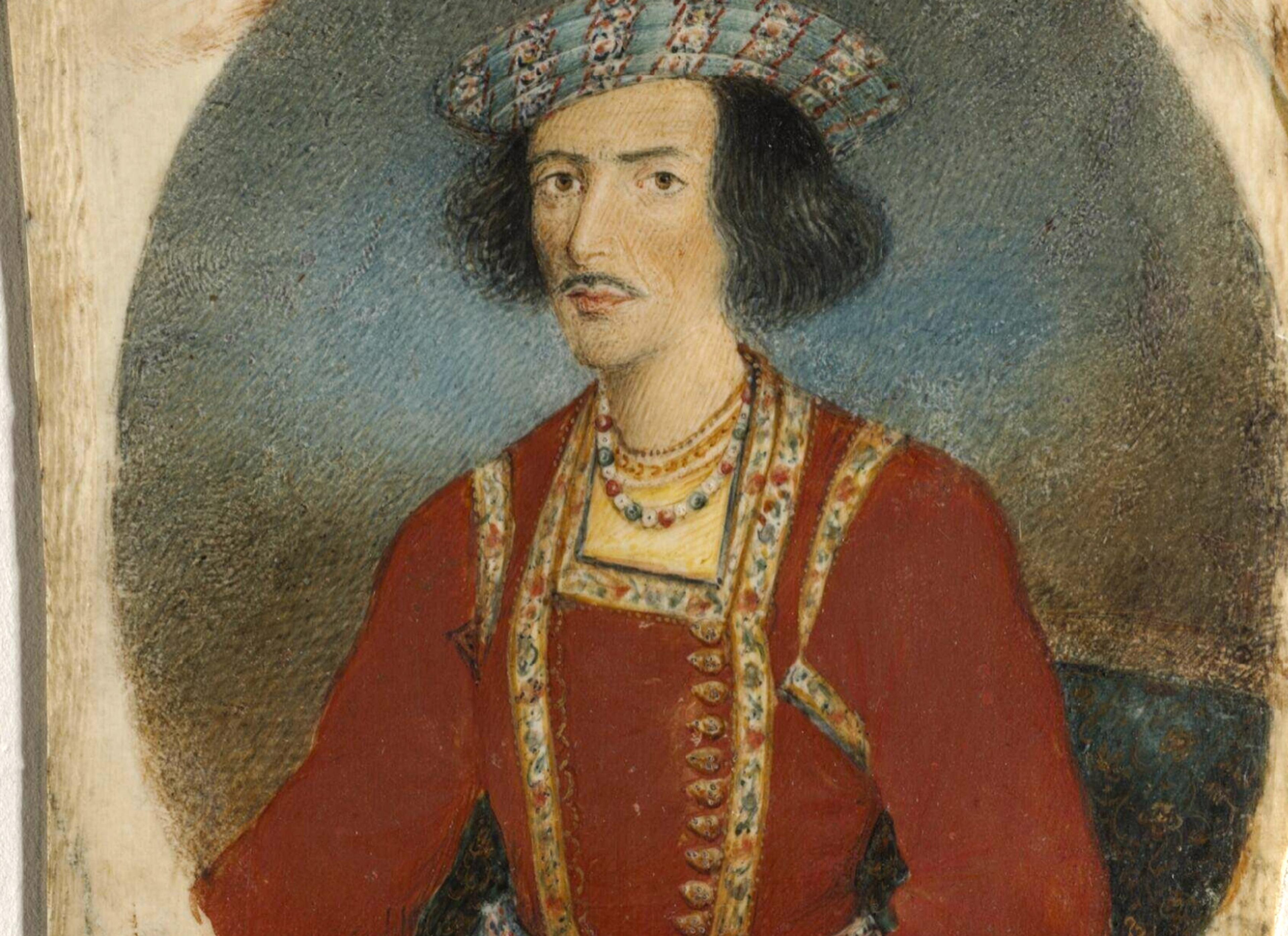 Painting of a historical figure in a red and gold outfit with a patterned hat set against a muted background.