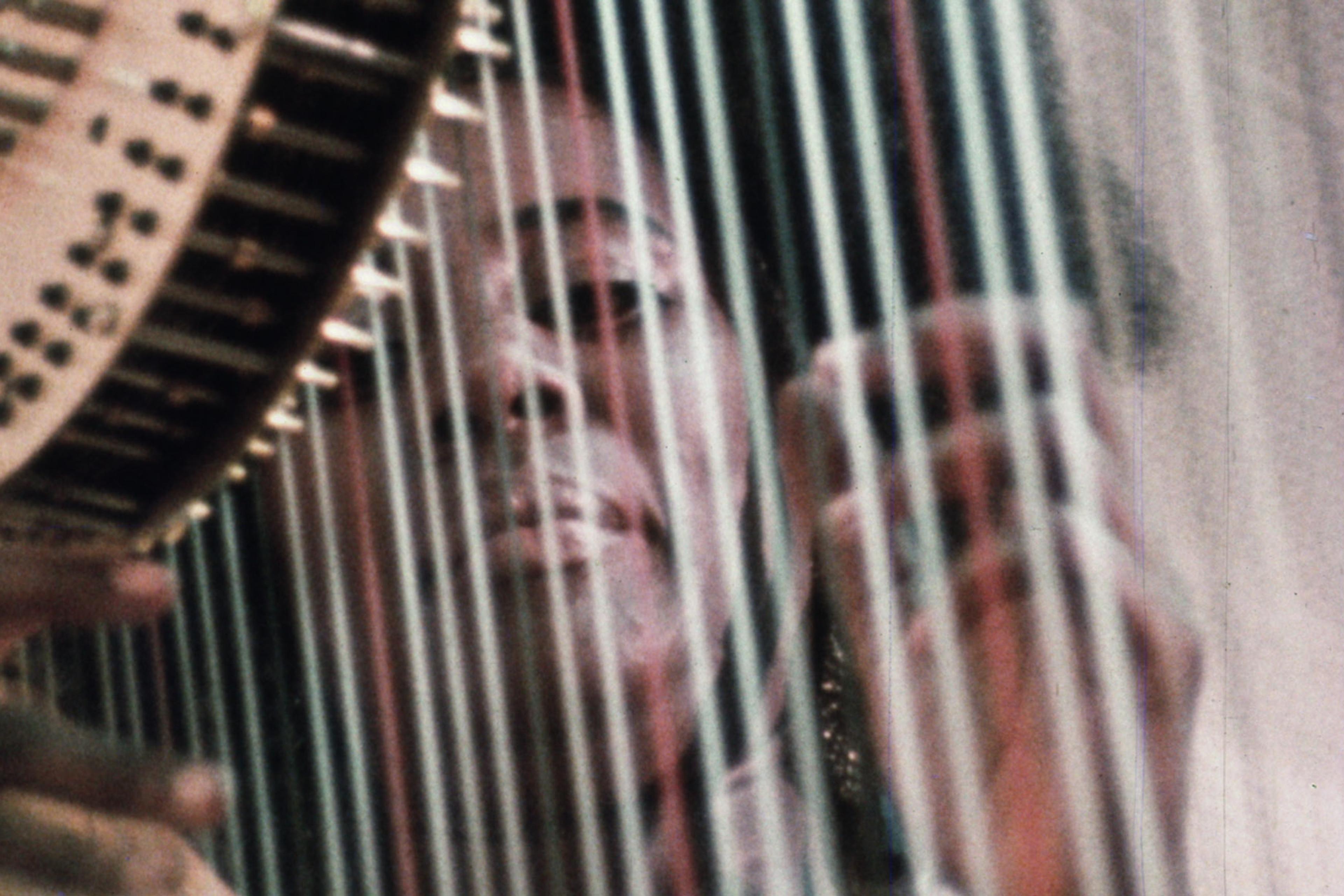 Close-up of a Black woman who is Alice Coltrane playing a harp, with the strings and hands in focus while her face is seen through the strings.