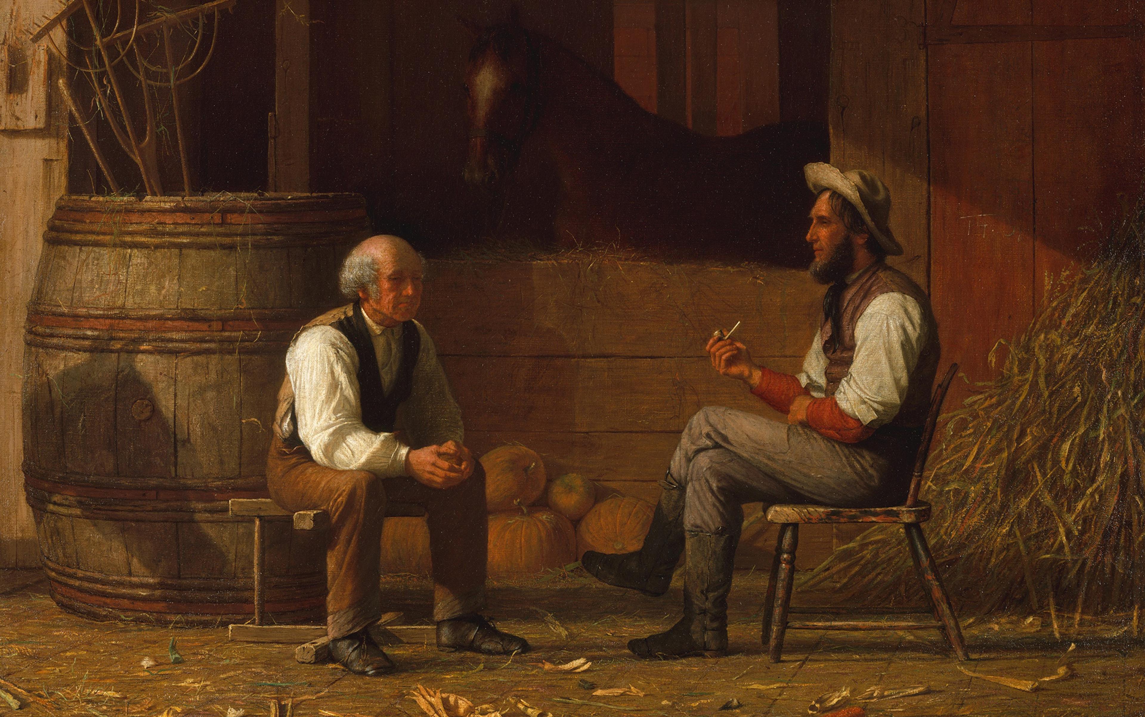 Painting of two men sitting in a barn, one on a bench and the other on a chair, with a horse and pumpkins in the background.