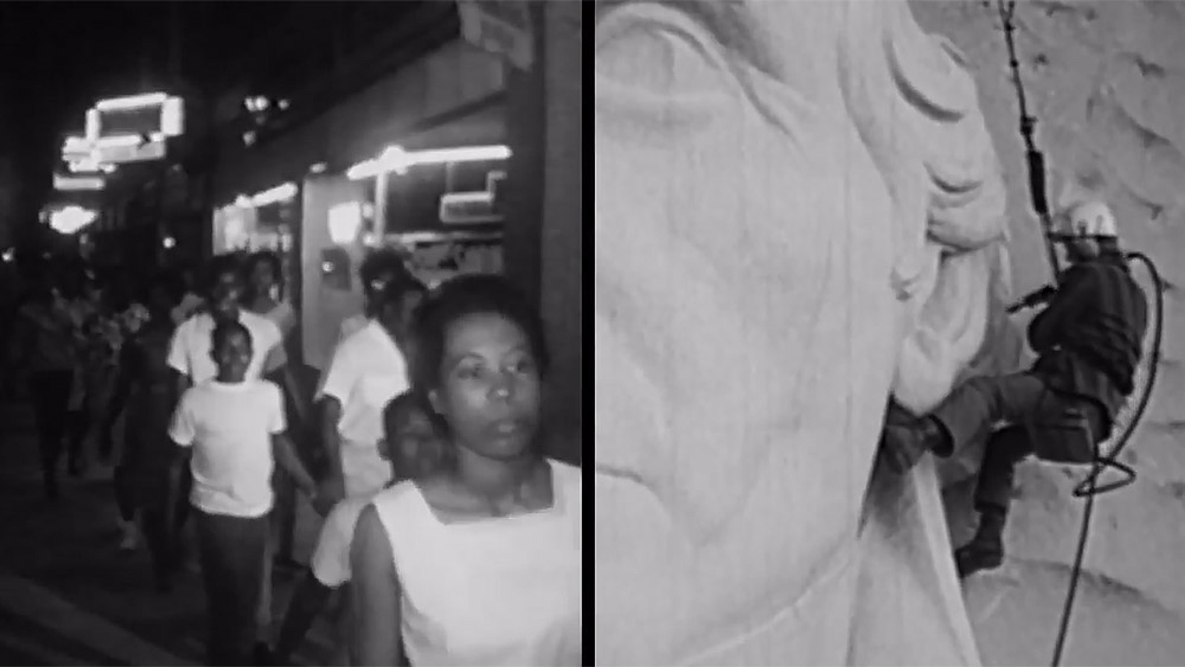 Split photo: left side shows protesters marching at night; right side depicts a worker ascending a large monument carving.