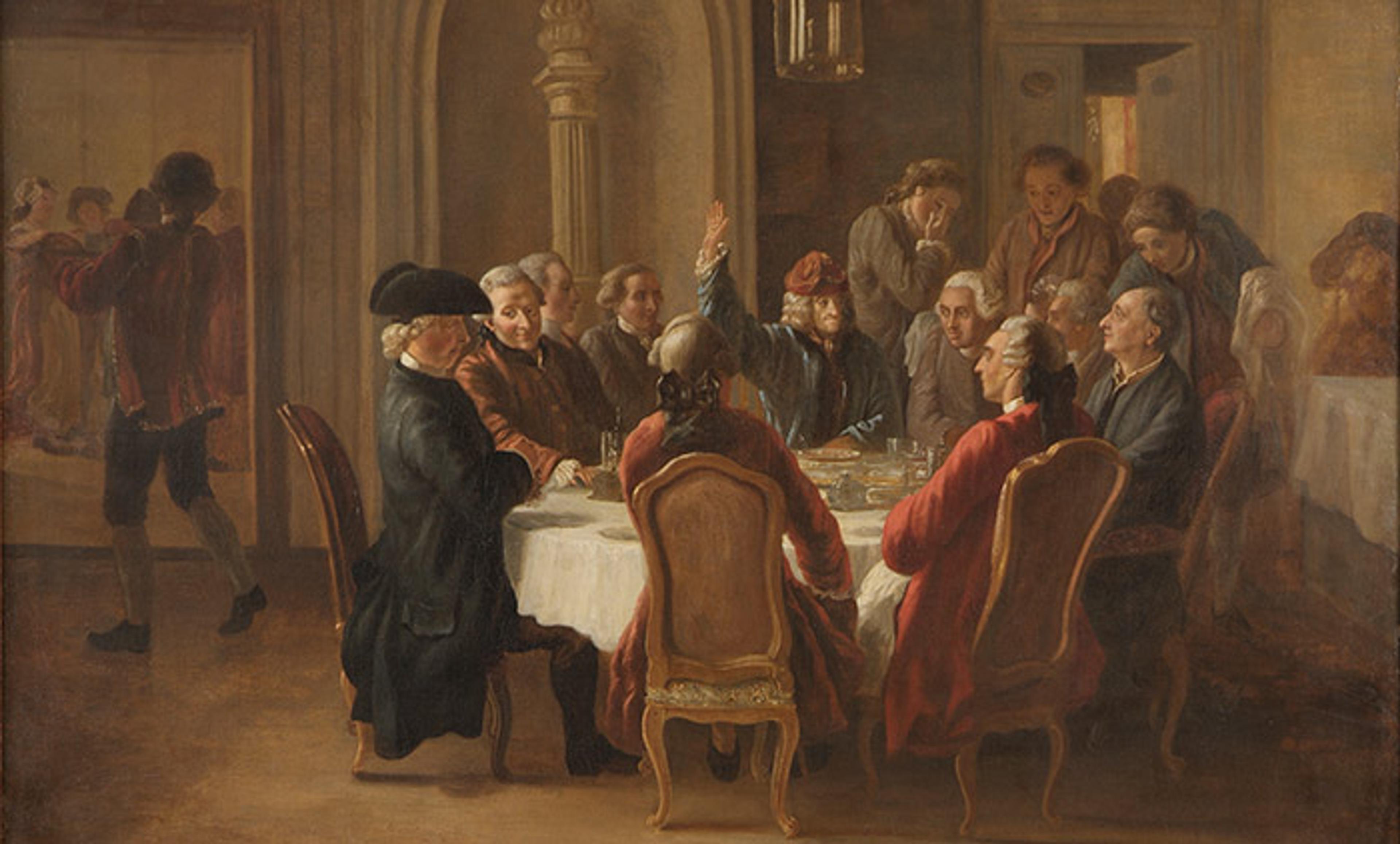 <p>Jean Huber, <em>Un dîner des philosophes </em>(1772). <em>Courtesy the Voltaire Foundation/Wikipedia</em></p>