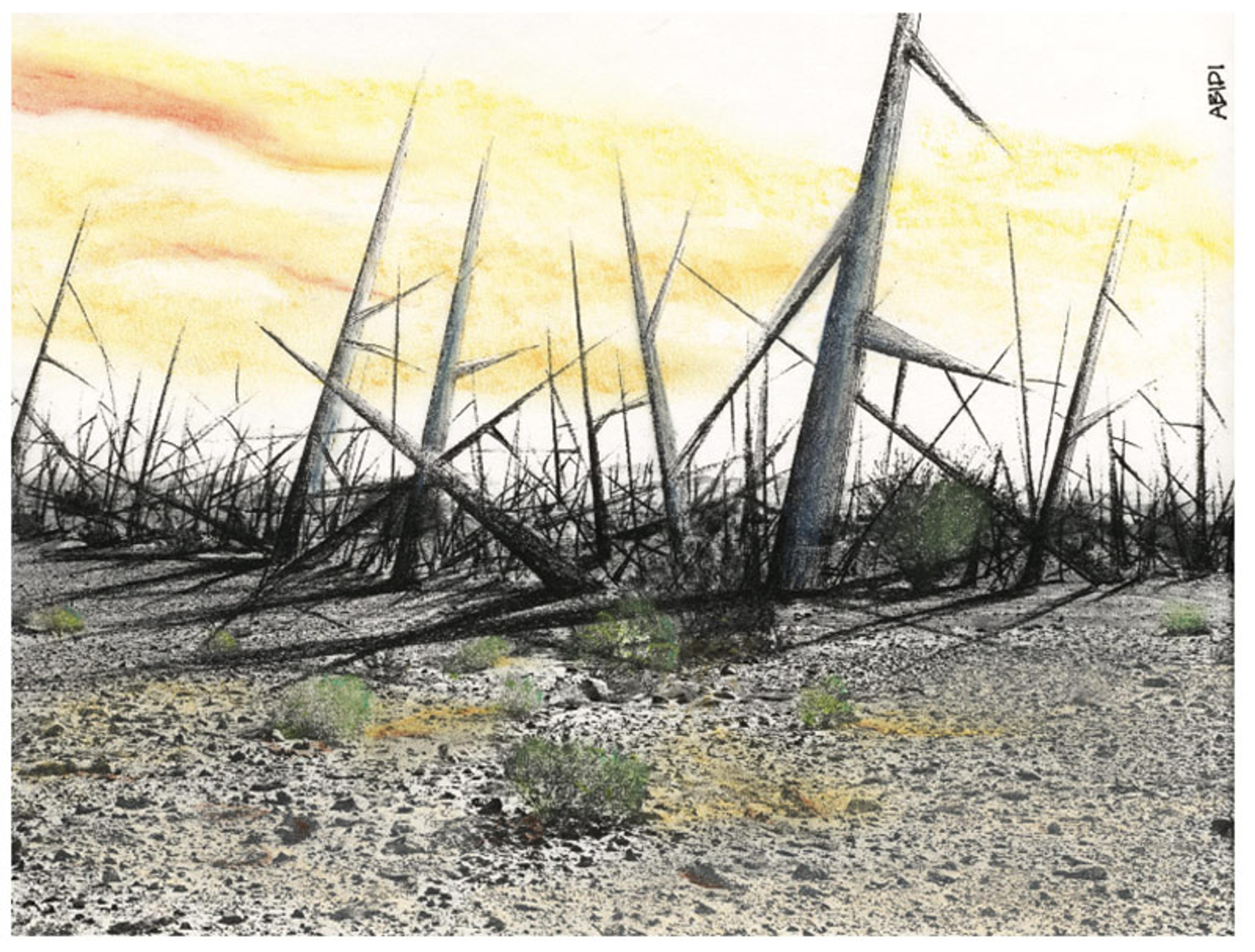 Painting of a desolate landscape with large angled structures, a rocky ground, sparse greenery, and a yellow sky with orange hues.