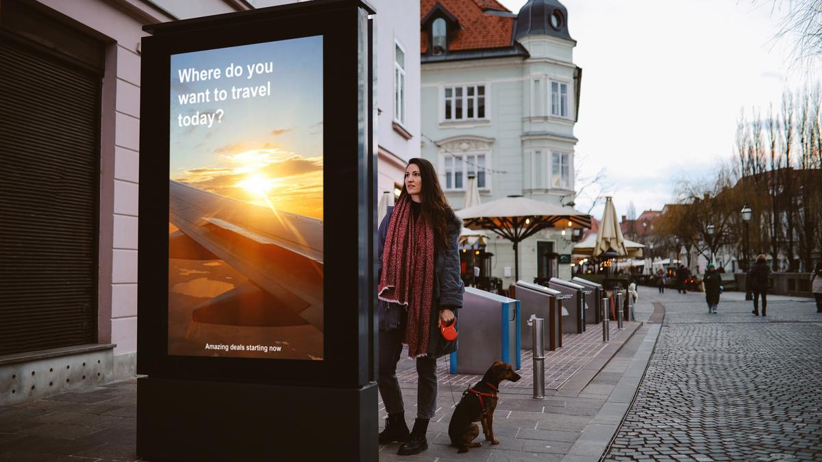 A woman and dog standing in a cobblestone street, by an outdoor travel advertisement showing a plane wing and sunset.