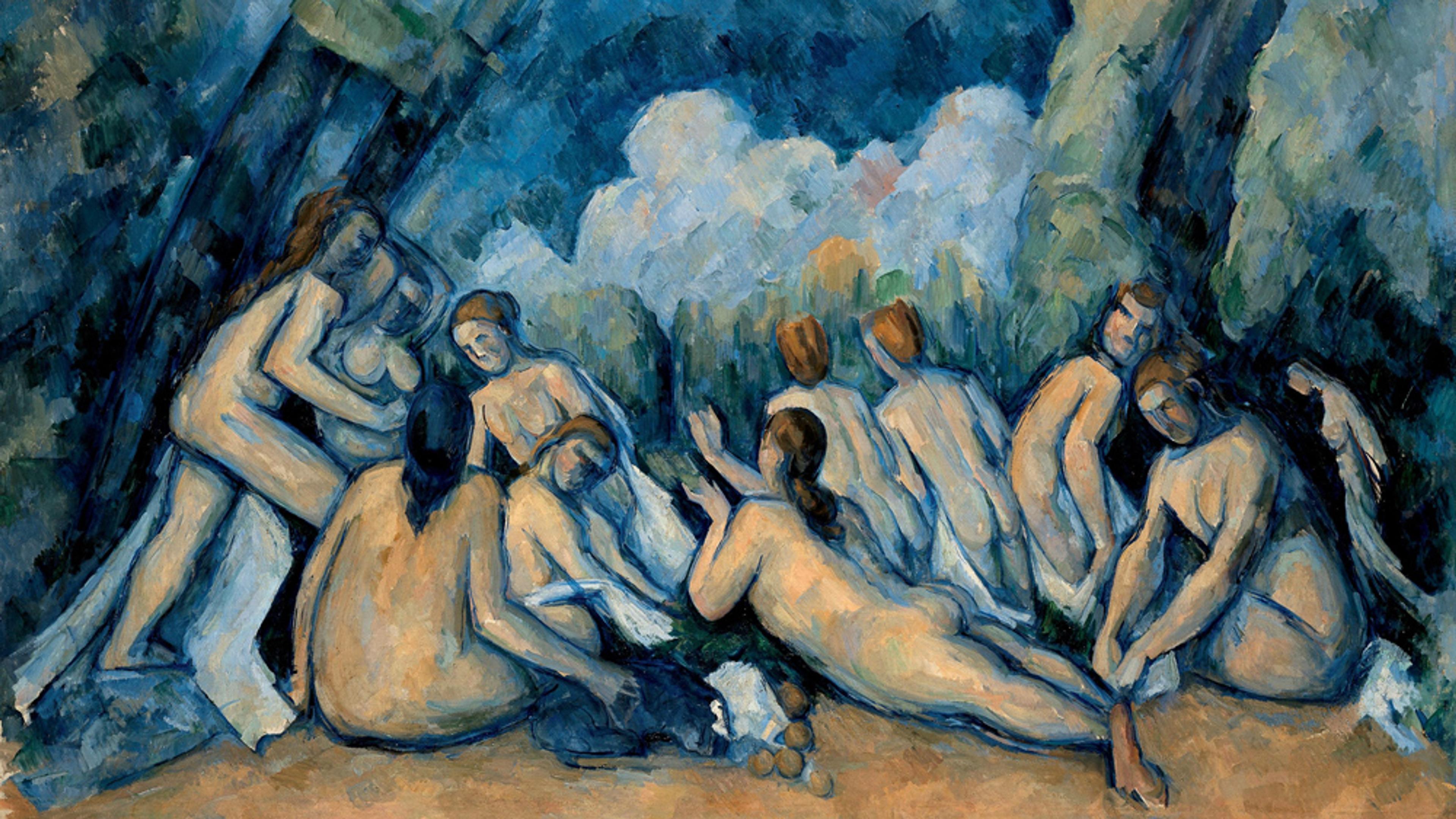 Painting of several nude figures in a blue, green, and earthy-toned setting, with trees and hills in the background.