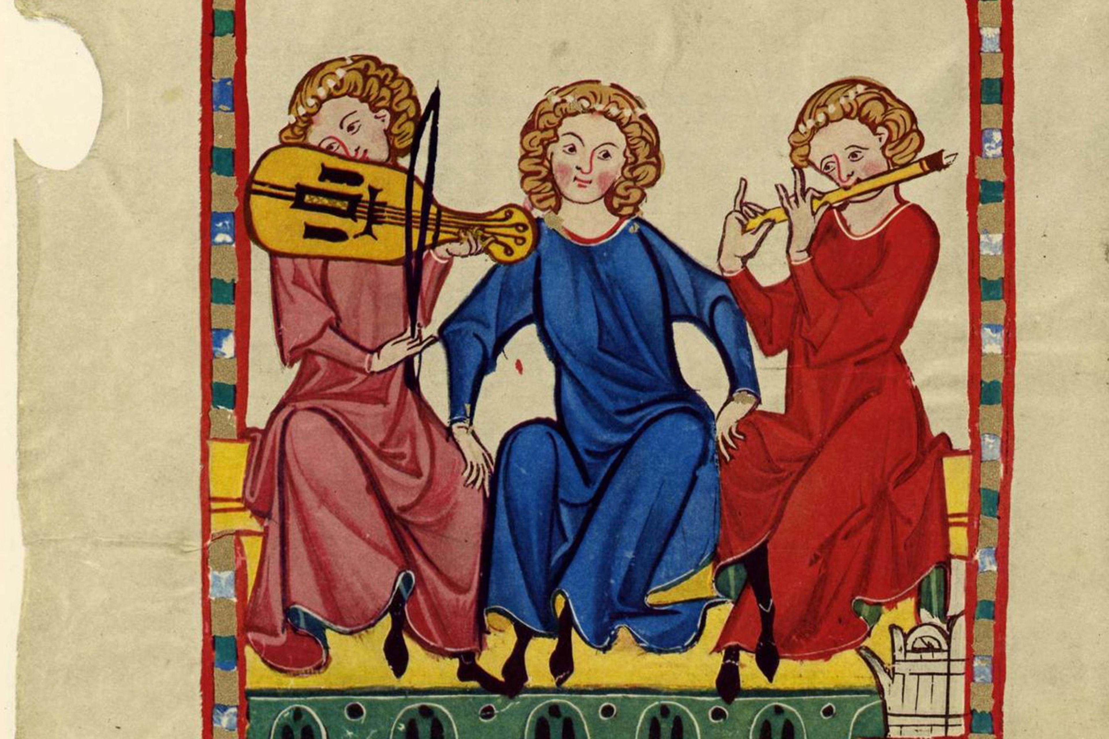 Medieval painting of three musicians playing instruments, seated under arches with colourful robes and curly hair.