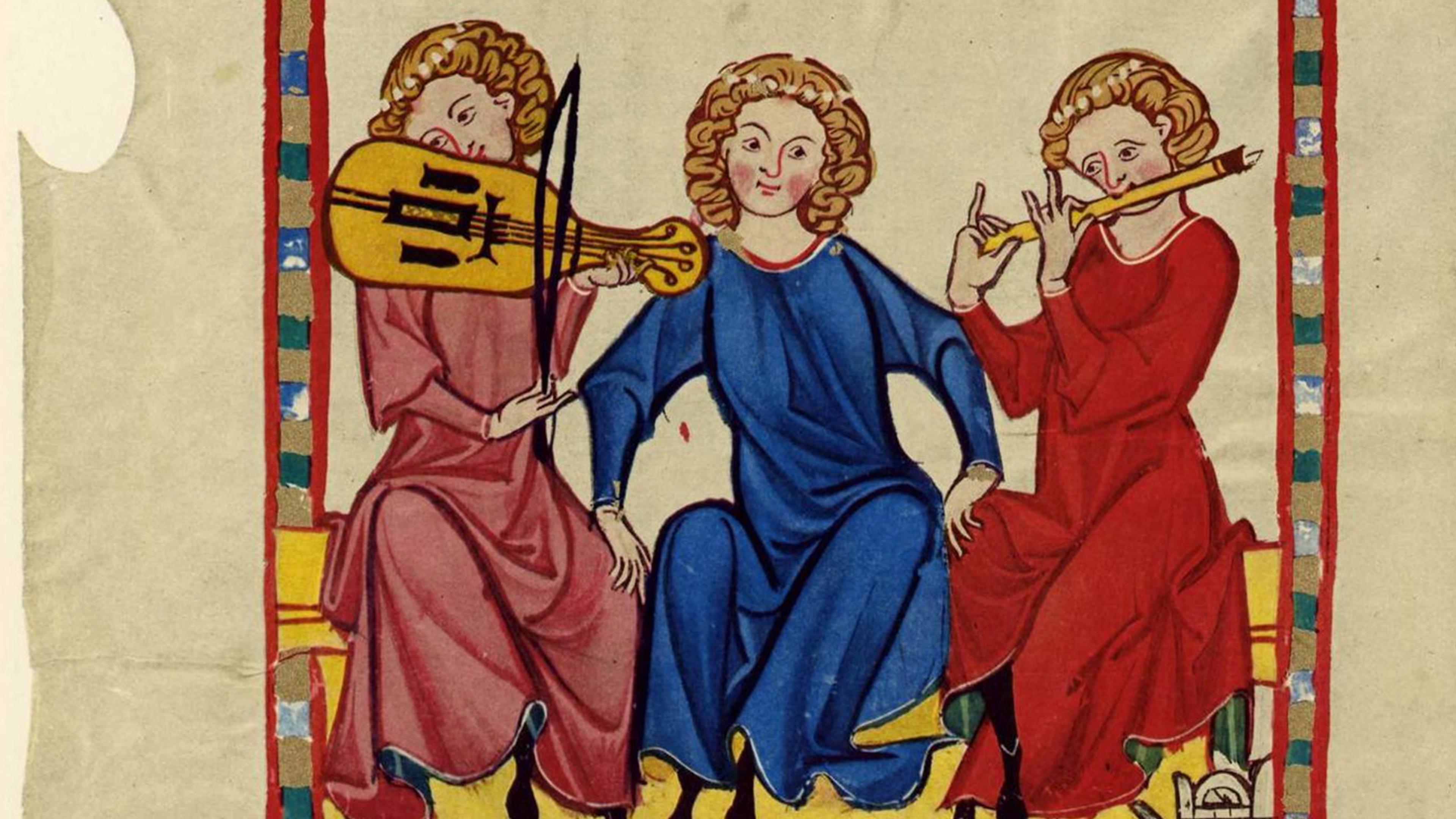 Medieval painting of three musicians playing instruments, seated under arches with colourful robes and curly hair.