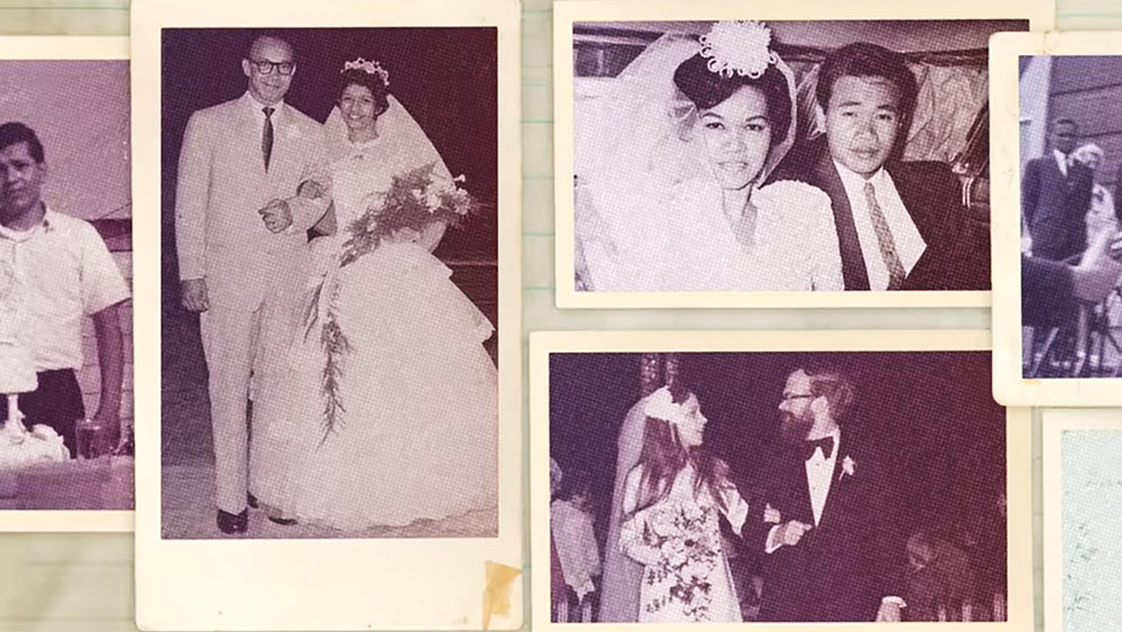 A collage of vintage wedding photos featuring different couples in wedding attire.