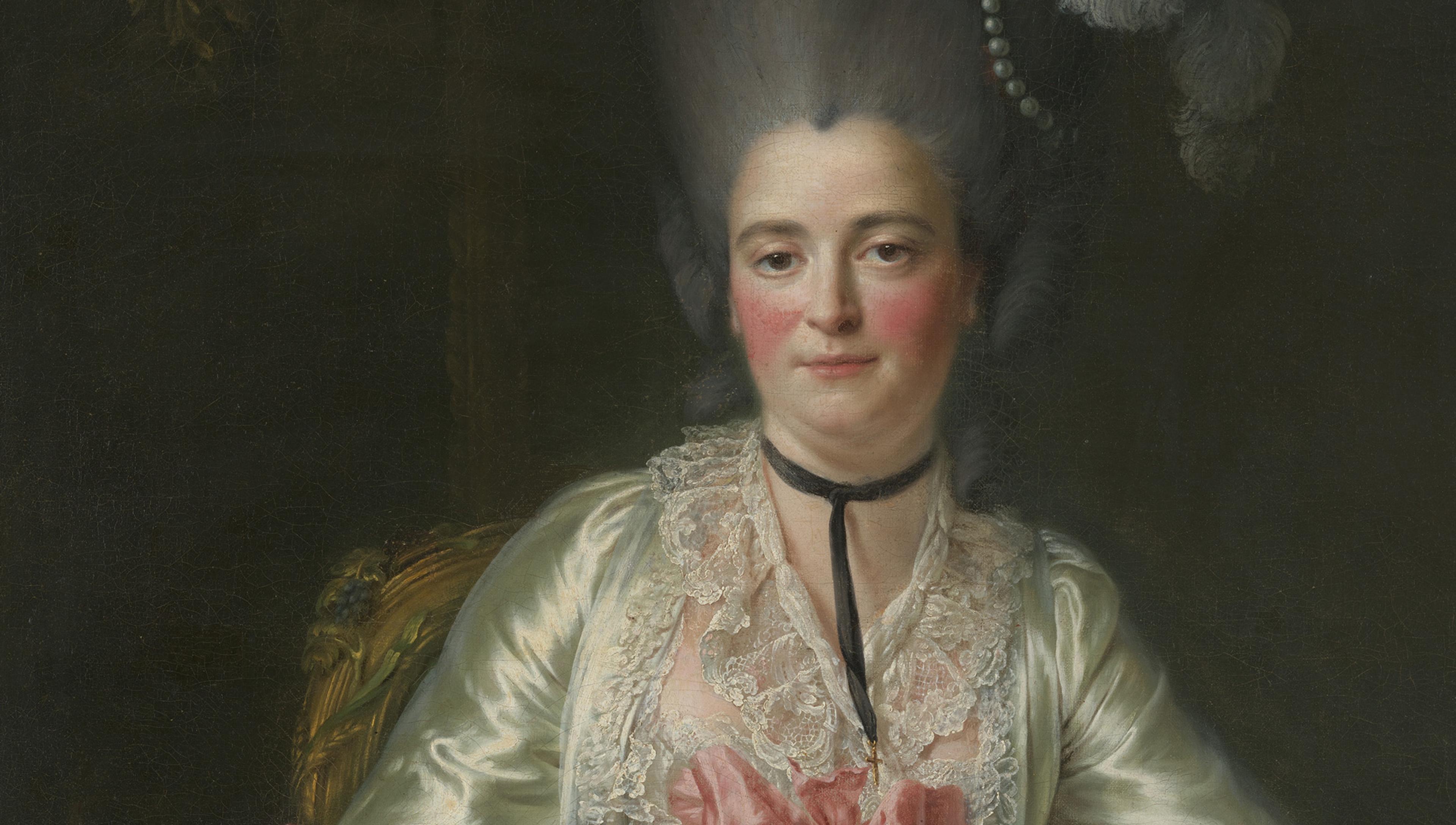 A portrait of a woman with powdered hair wearing a silk dress, lace collar, black choker, and a pink ribbon, seated against a dark background.