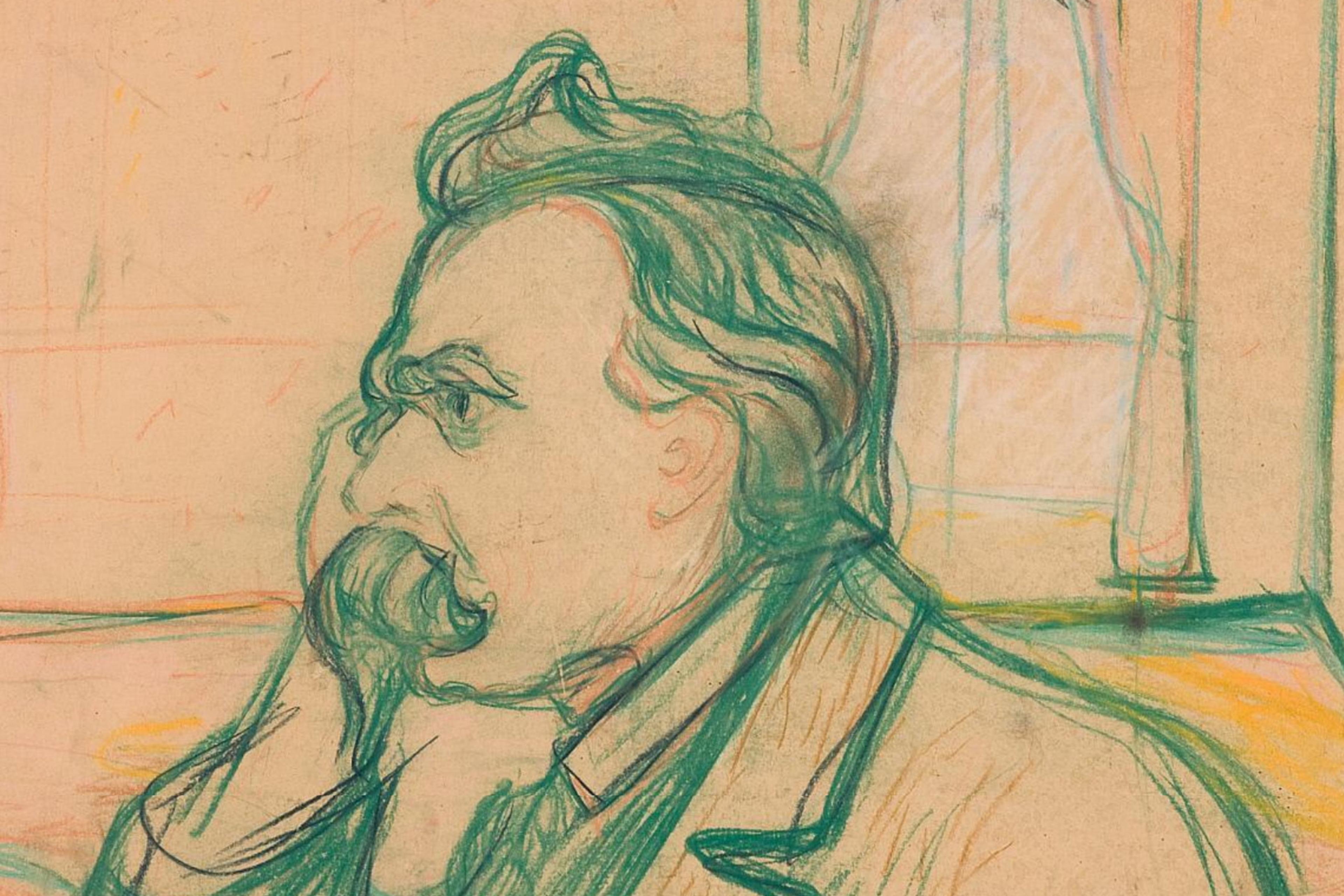 Drawing of a man in profile with a mustache sitting by a window resting his head on his hand, sketched in green and brown.