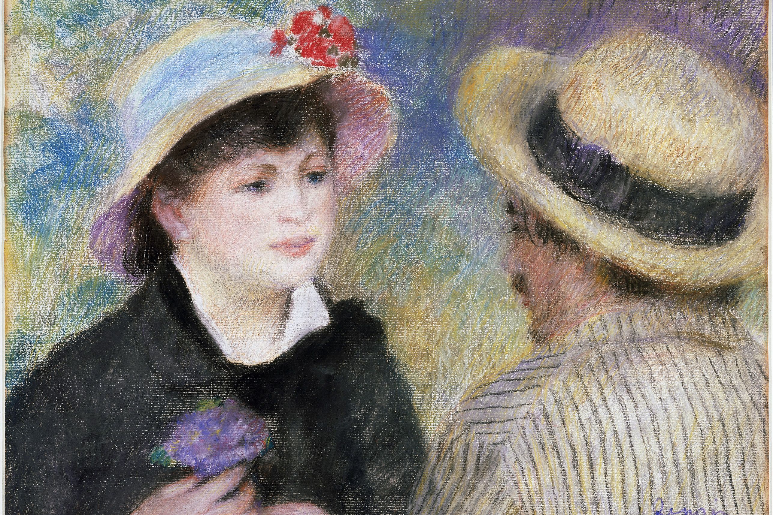 Impressionist pastel drawing of two people in hats, one holding flowers, with soft brushstrokes and pastel colours.