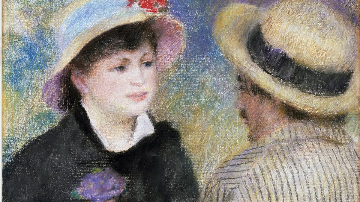 Impressionist pastel drawing of two people in hats, one holding flowers, with soft brushstrokes and pastel colours.
