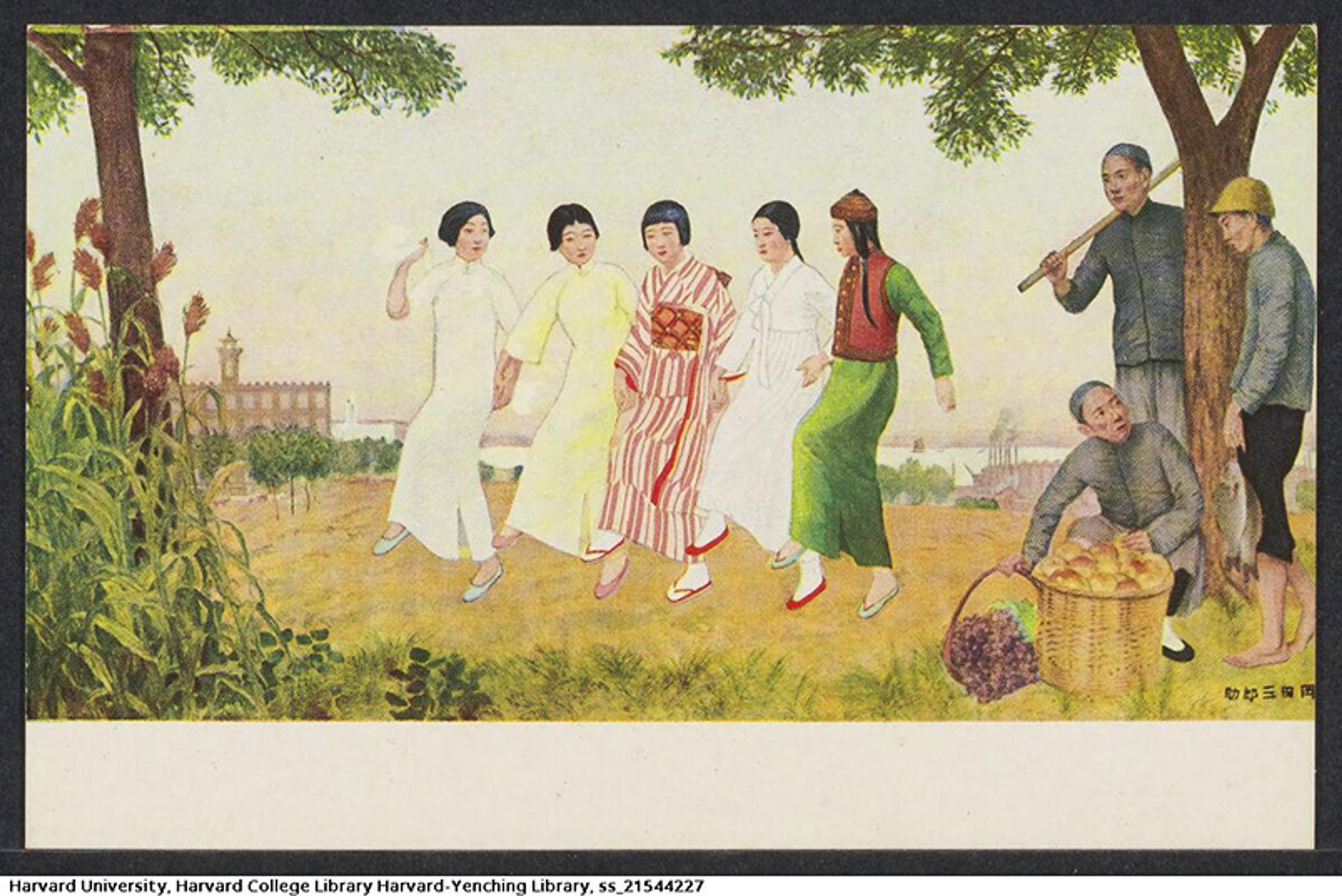 Painting of five Chinese women in traditional clothing walking in a field, with three Chinese men working under a tree and carrying baskets of food.
