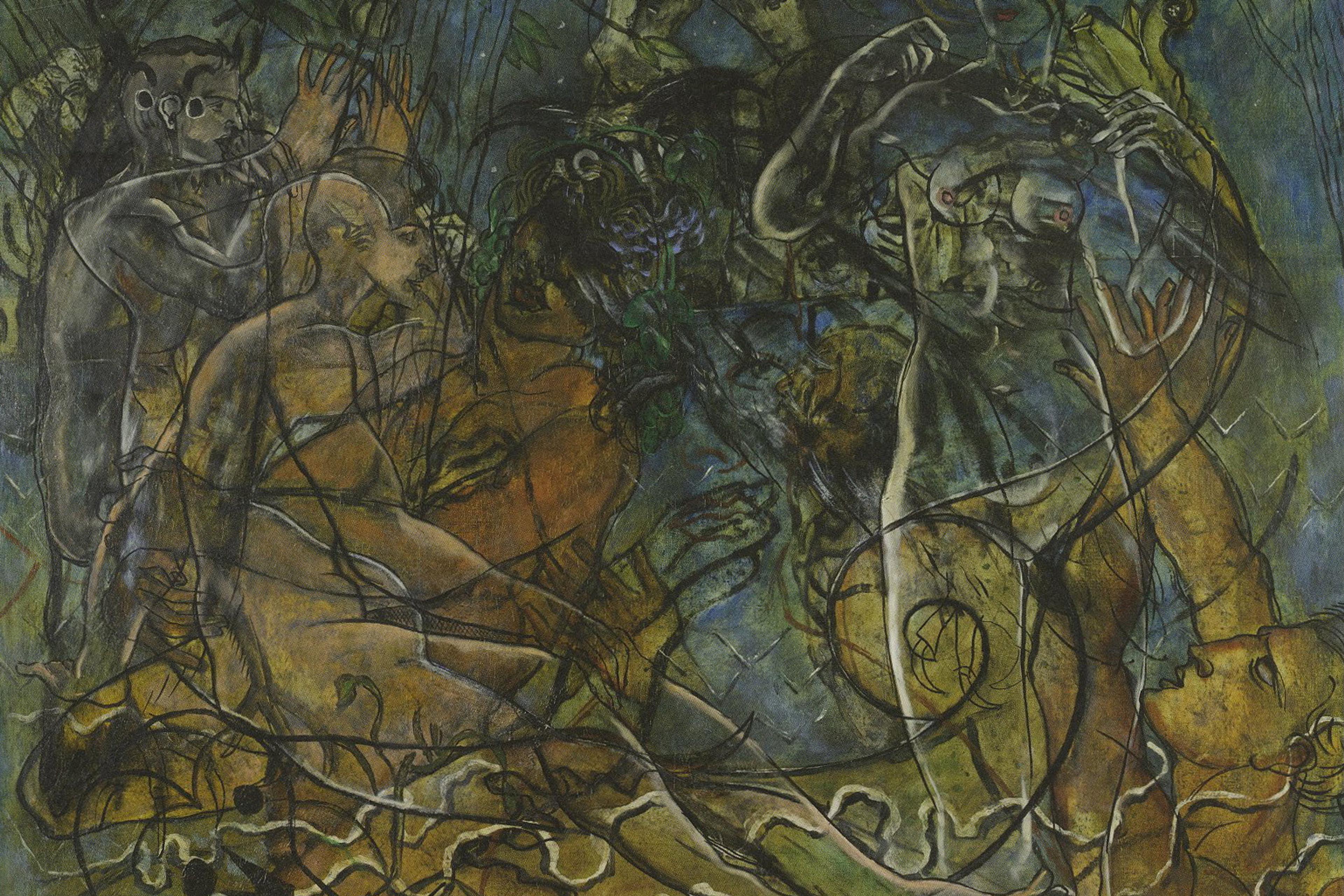 Abstract painting of intertwined human figures with organic shapes and muted colours, creating a surreal and dynamic composition.