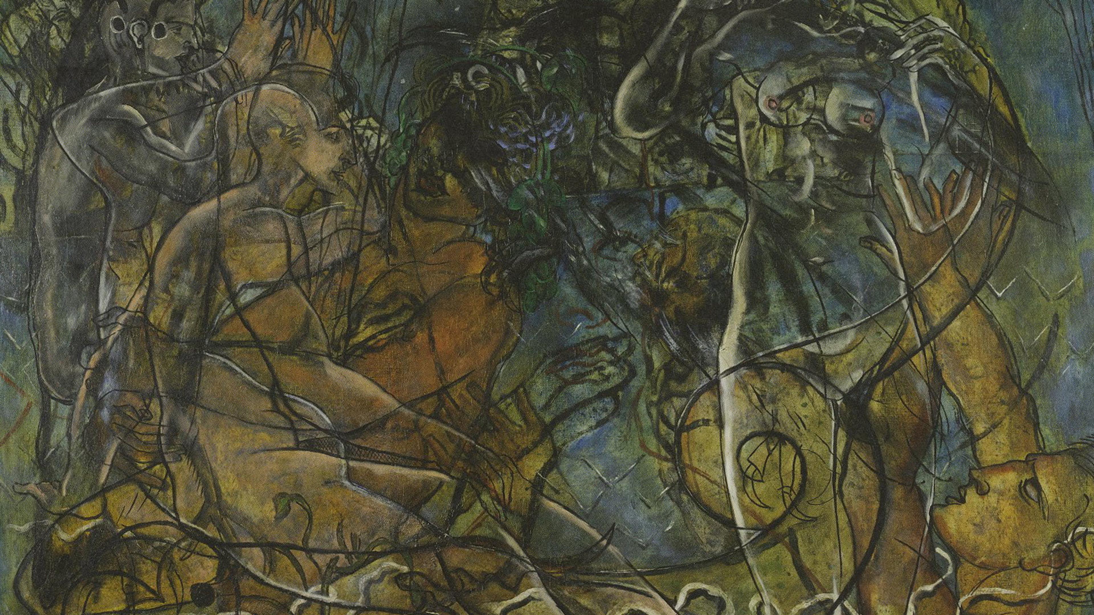 Abstract painting of intertwined human figures with organic shapes and muted colours, creating a surreal and dynamic composition.