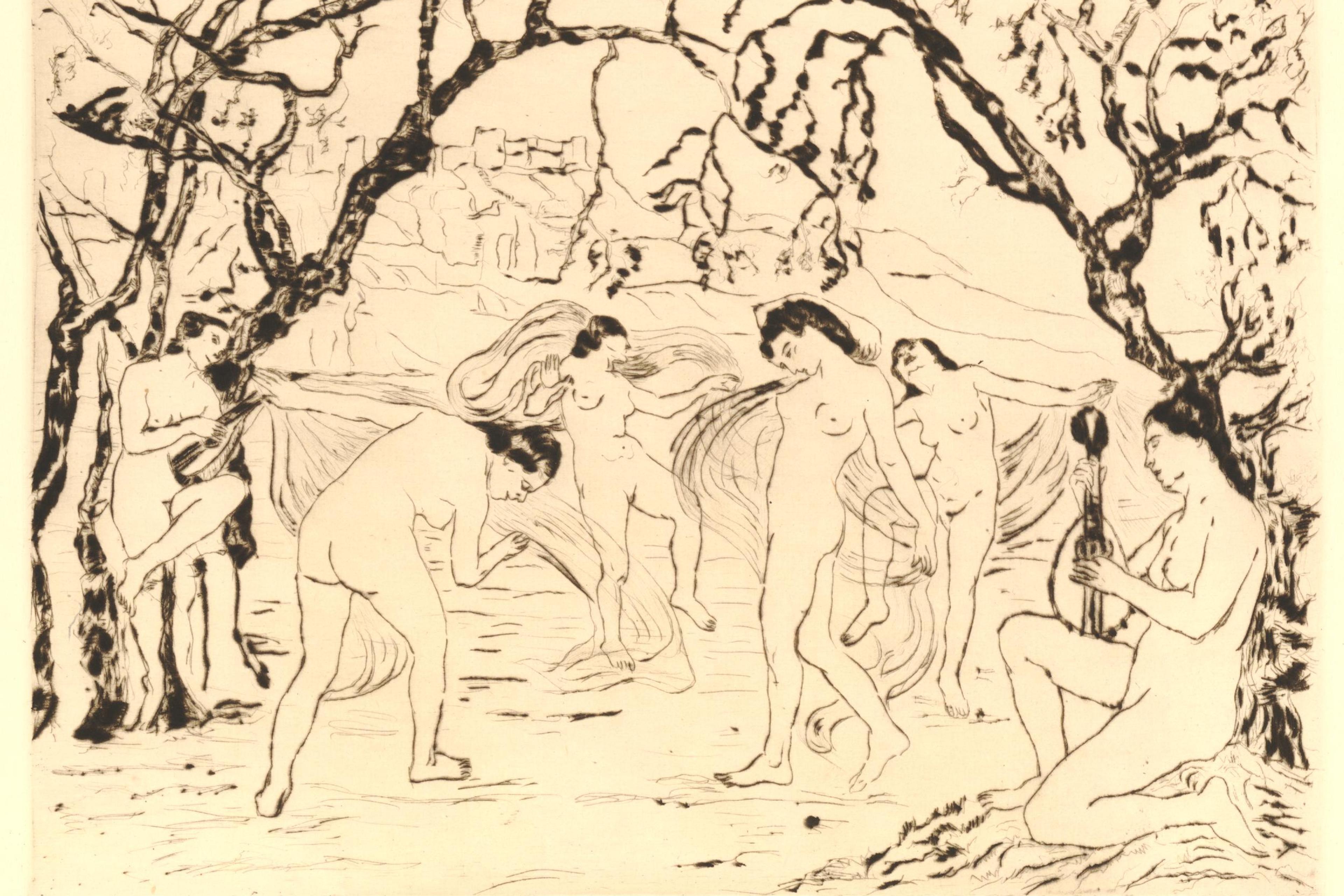 Etching of nude figures dancing and playing instruments under trees, with a building in the background.