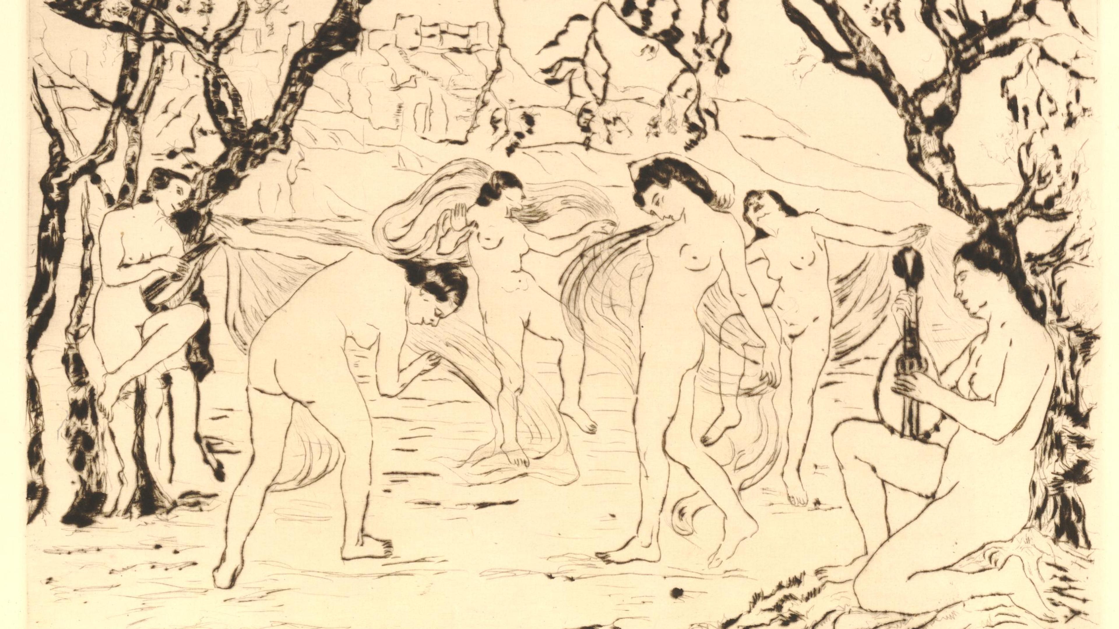 Etching of nude figures dancing and playing instruments under trees, with a building in the background.