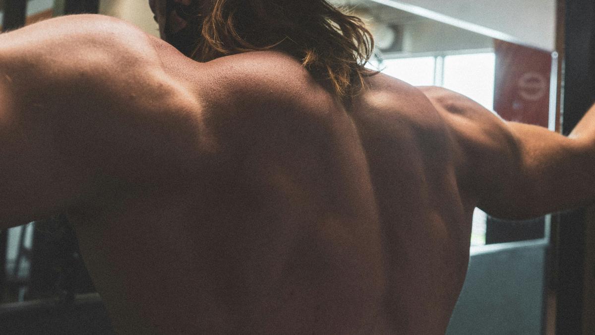 A muscular man’s back and shoulders in a gym setting with long hair tied back.