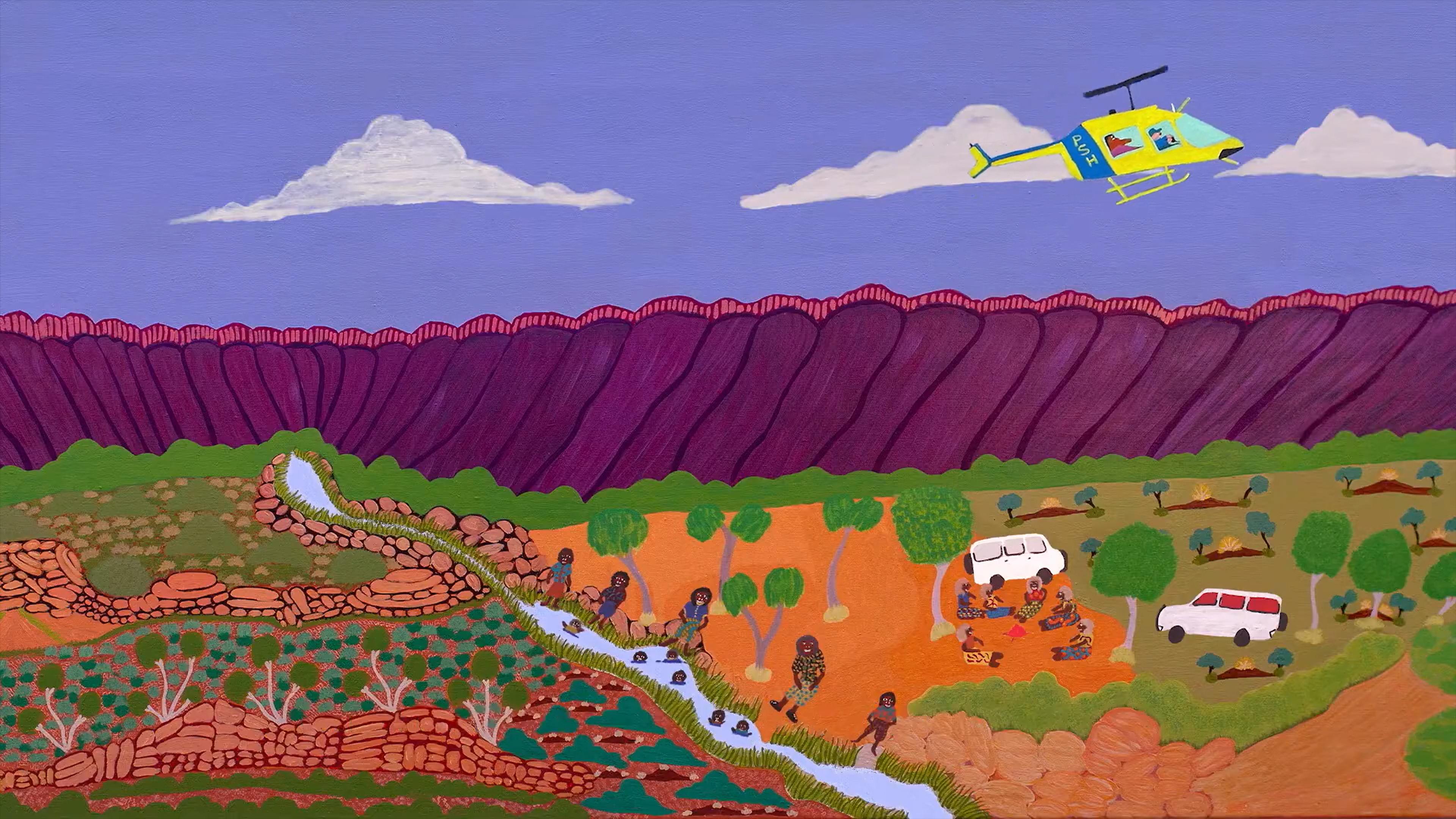 Painting of a landscape with a helicopter, purple mountains, people near a stream and vehicles by trees under a blue sky.