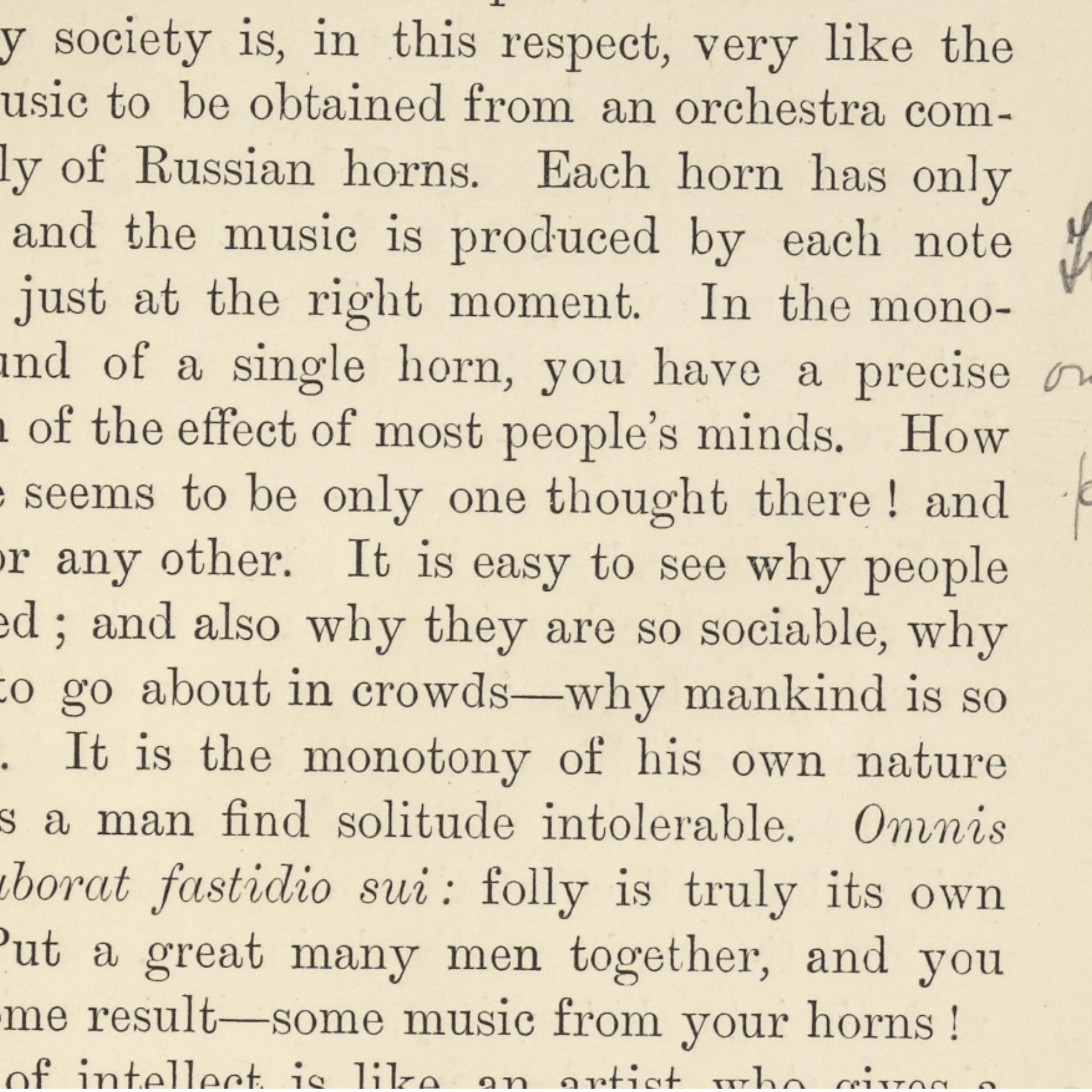 Page from a book with printed text about society and handwritten notes in the margin, including ’True but only in part‘.