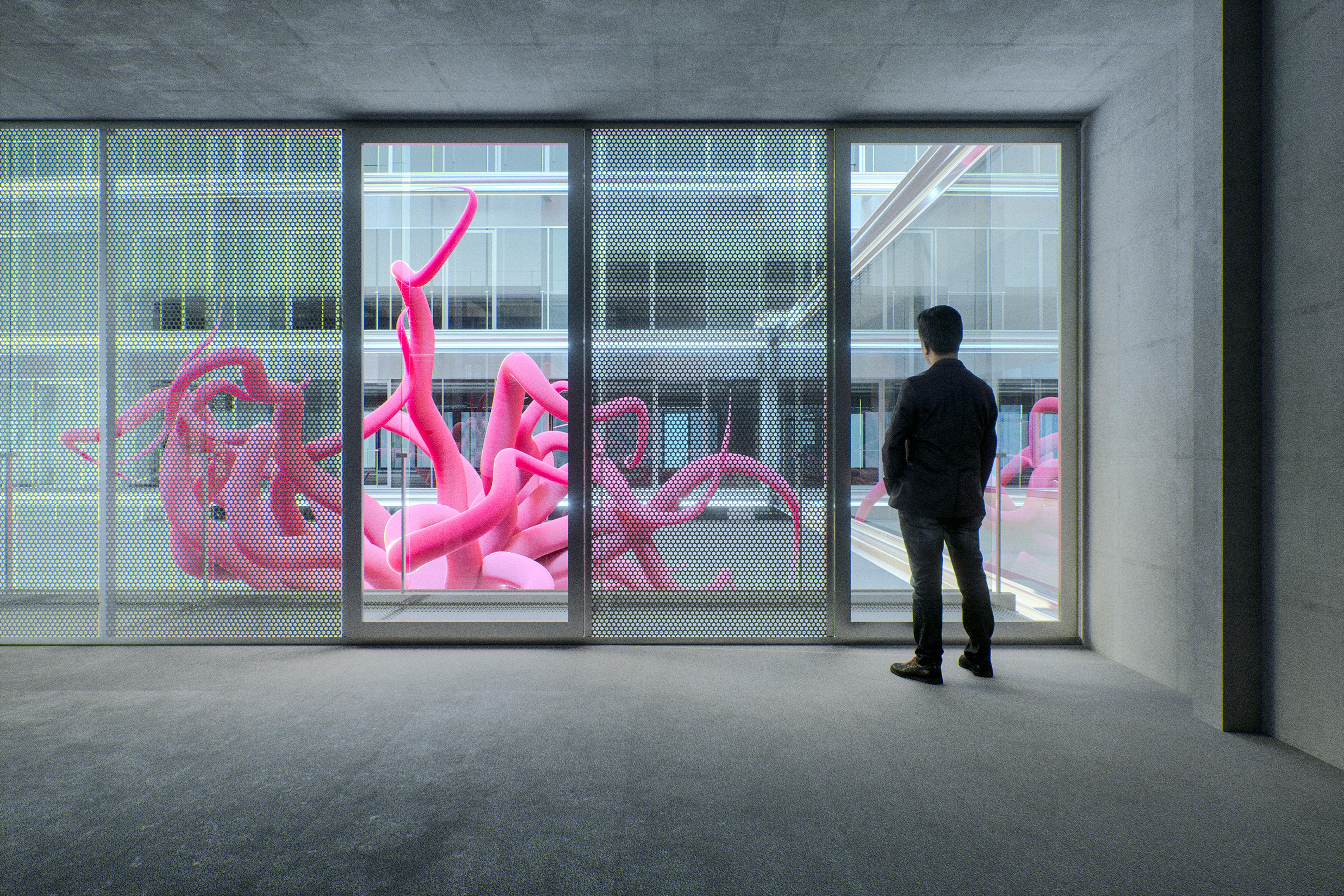 A man stands in a modern room looking at a large pink sculpture of tentacles outside the window.