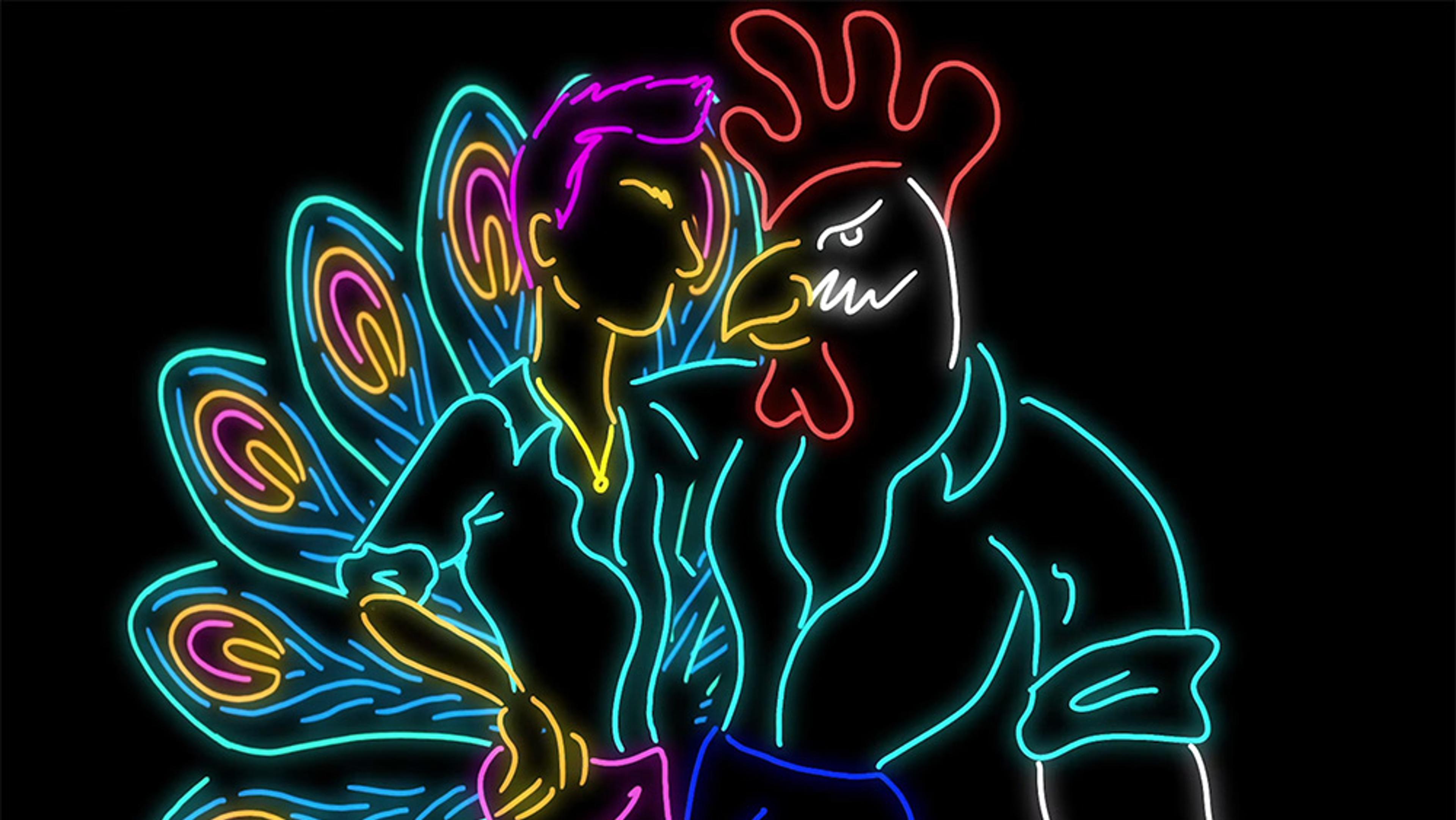 Digital image made of neon outlines depicting a person with a peacock tail embracing a rooster with a human body wearing a shirt.
