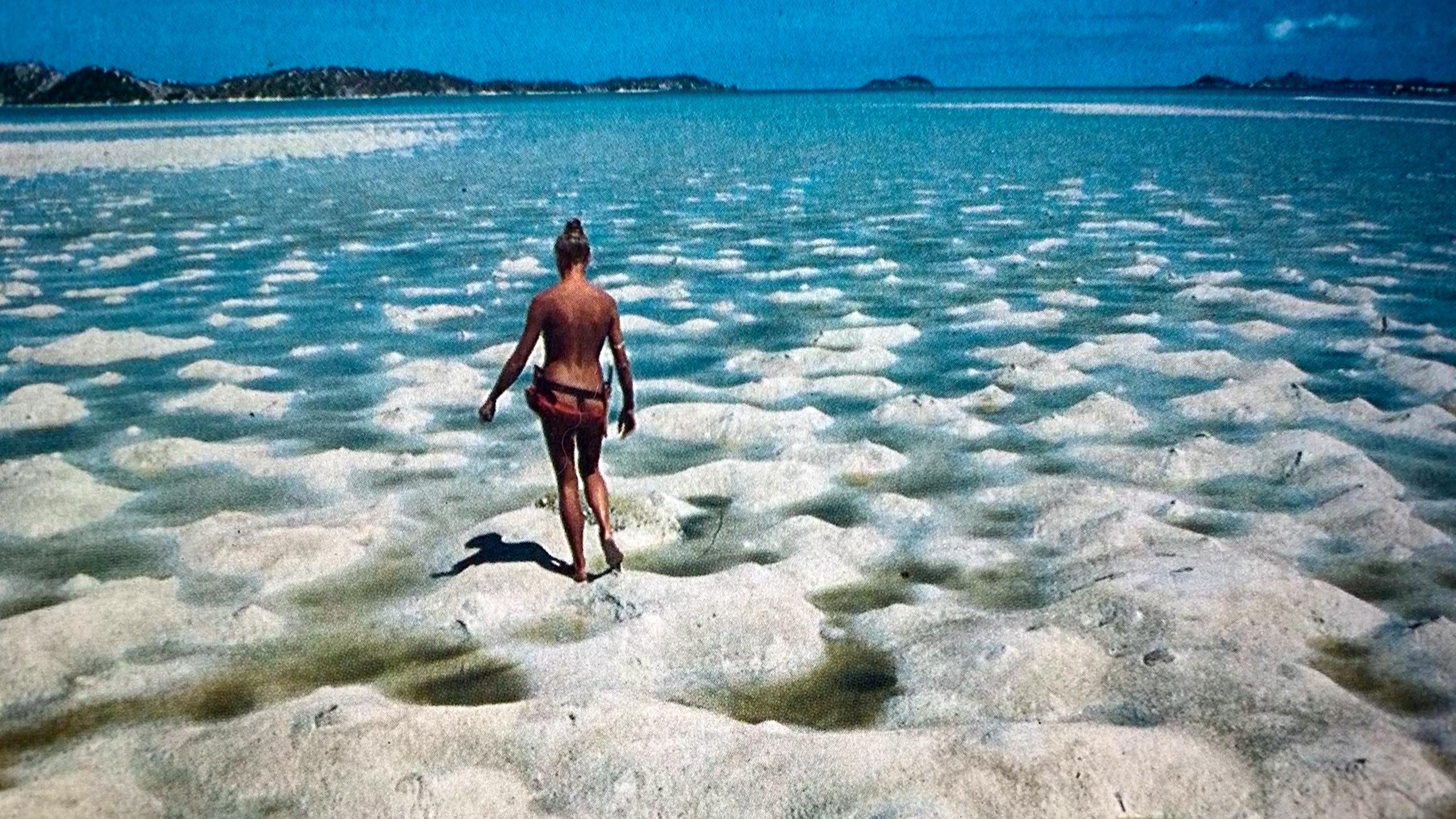 A naked young woman walking on a rippled sandy beach towards the sea, clear blue water and distant islands in view.