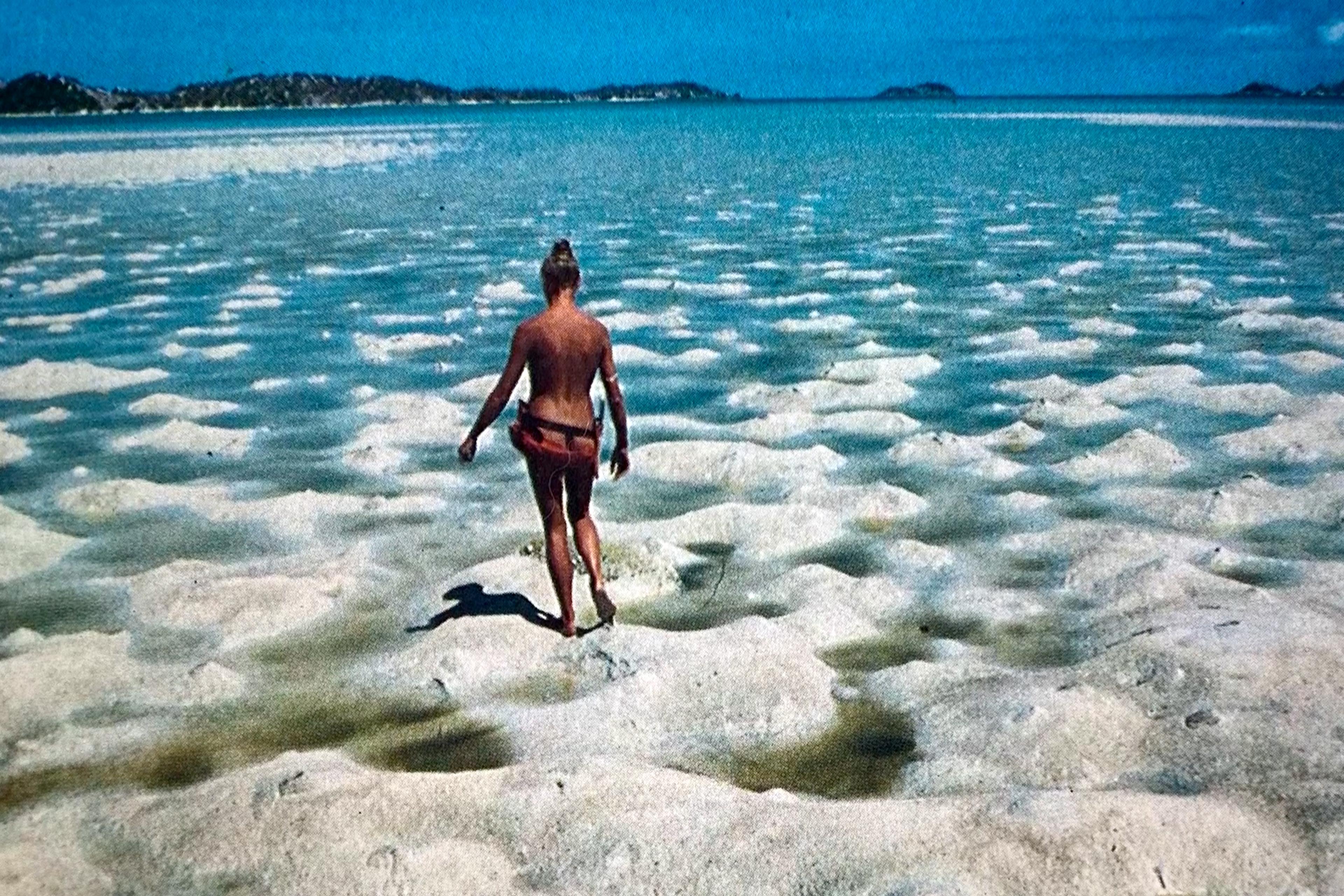 A naked young woman walking on a rippled sandy beach towards the sea, clear blue water and distant islands in view.