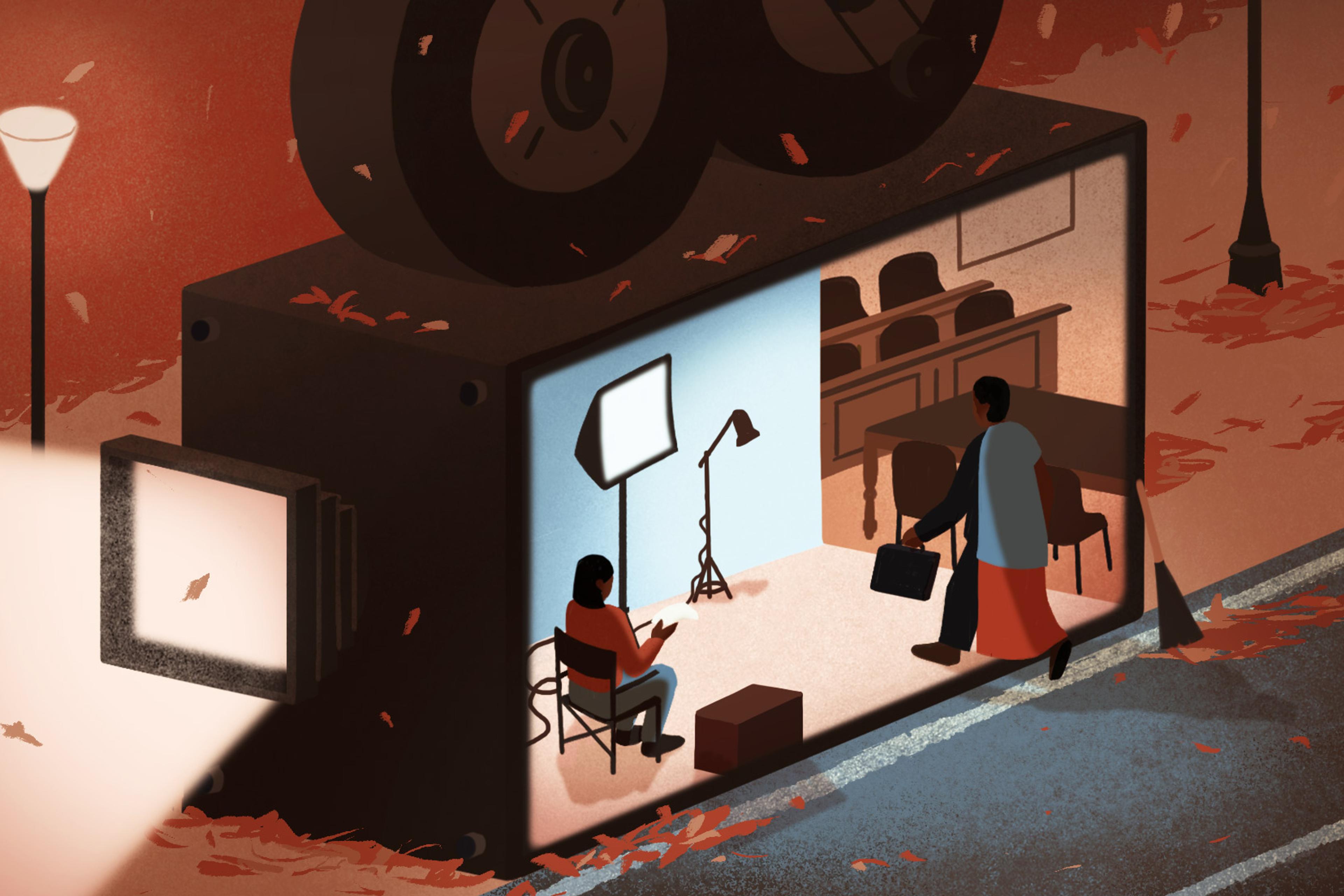 Illustration of a giant camera with a set inside, showing a person filming and another entering, with autumn leaves and street lamps outside.