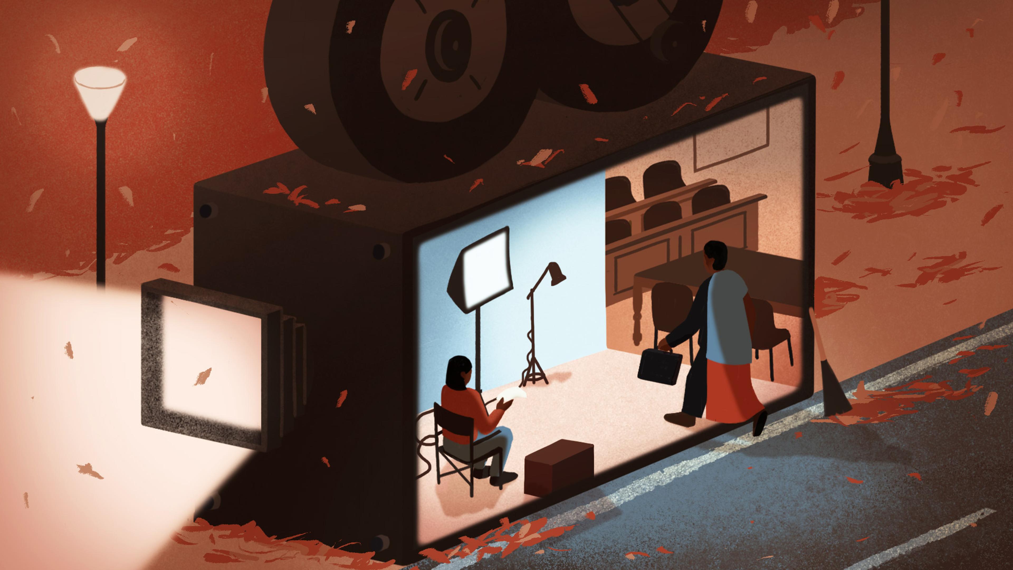 Illustration of a giant camera with a set inside, showing a person filming and another entering, with autumn leaves and street lamps outside.