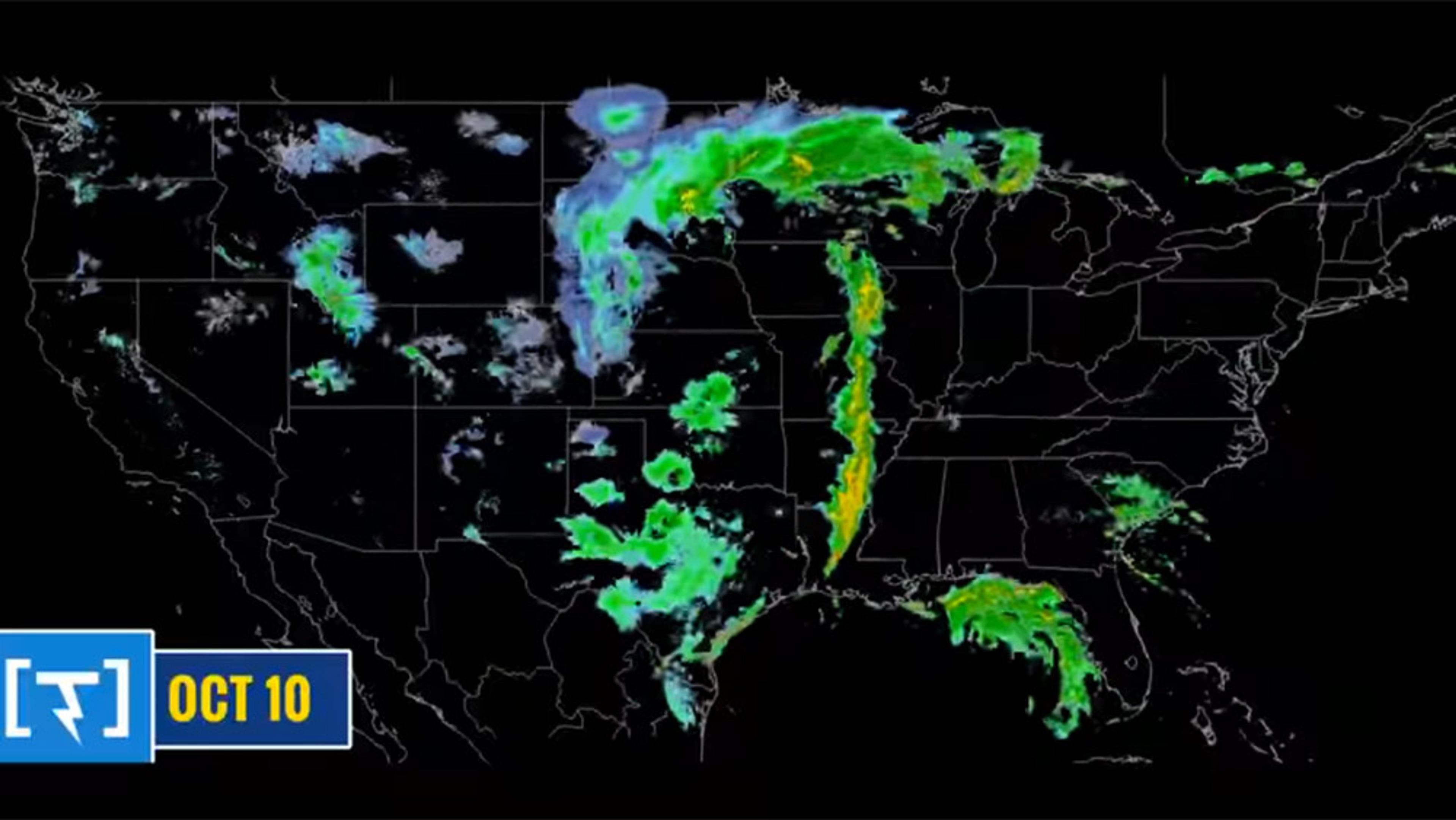Radar image showing weather patterns over the US on October 10, with rain and storm activity highlighted in green and yellow.
