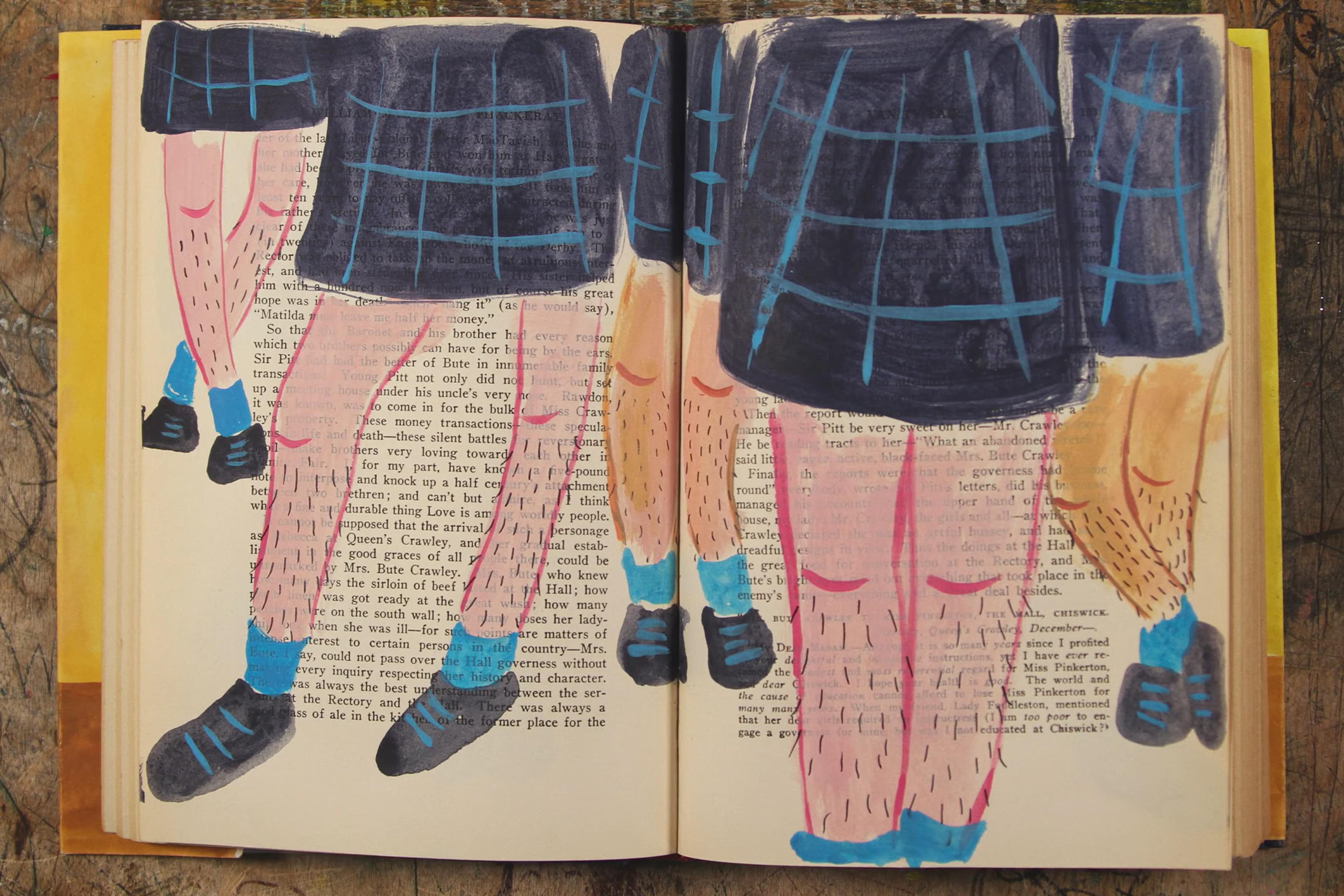 Painting of legs in blue socks and shoes overlaid on an open book page with text, laid on a wooden surface.