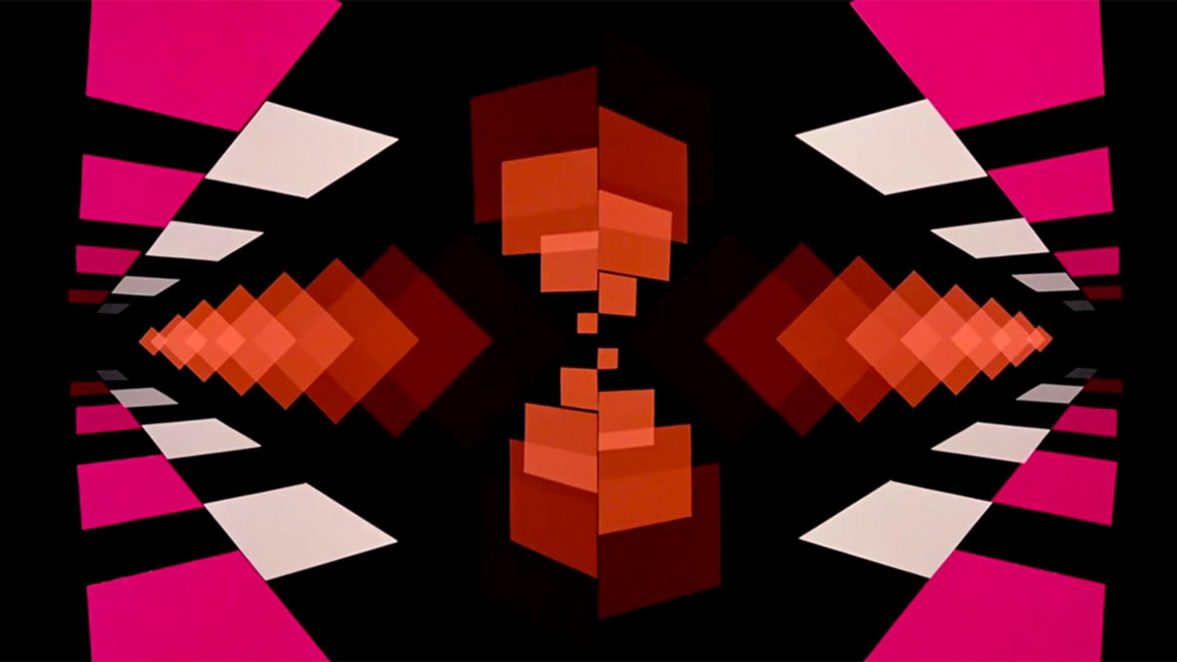 Abstract geometric art with red and orange squares, white and pink rectangles, creating a mirrored tunnel effect.