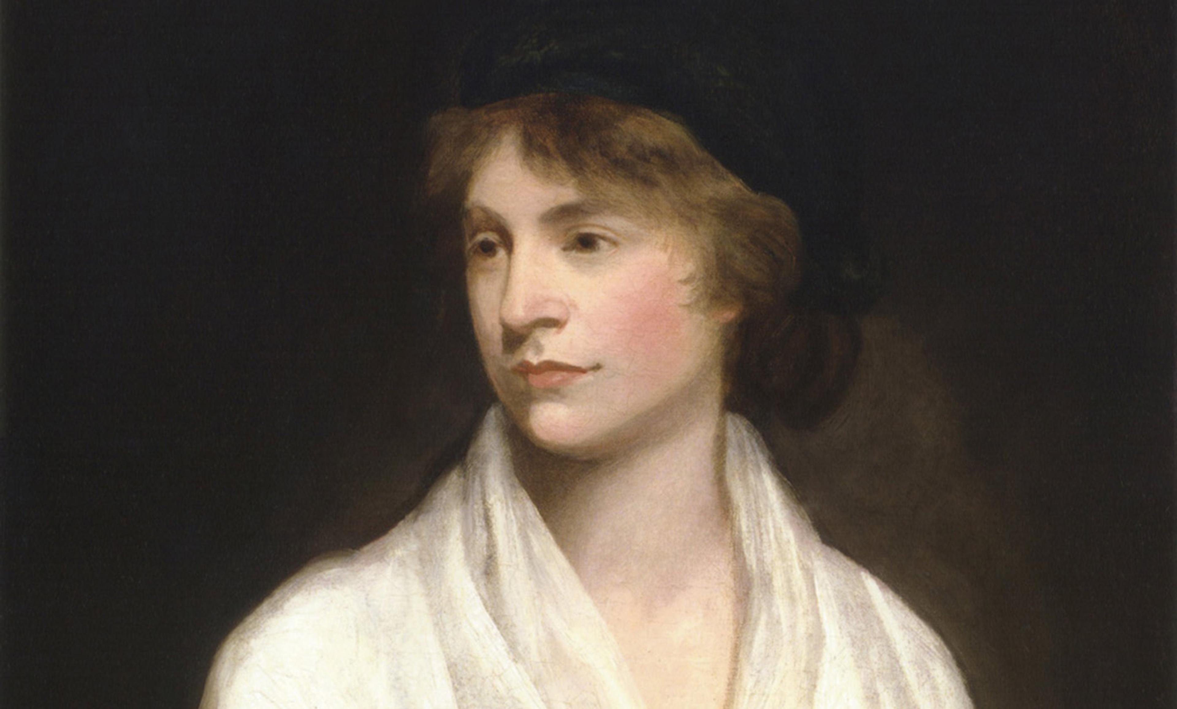 Painting of a woman with short brown hair wearing a dark hat and white garment against a dark background, looking slightly to the left.